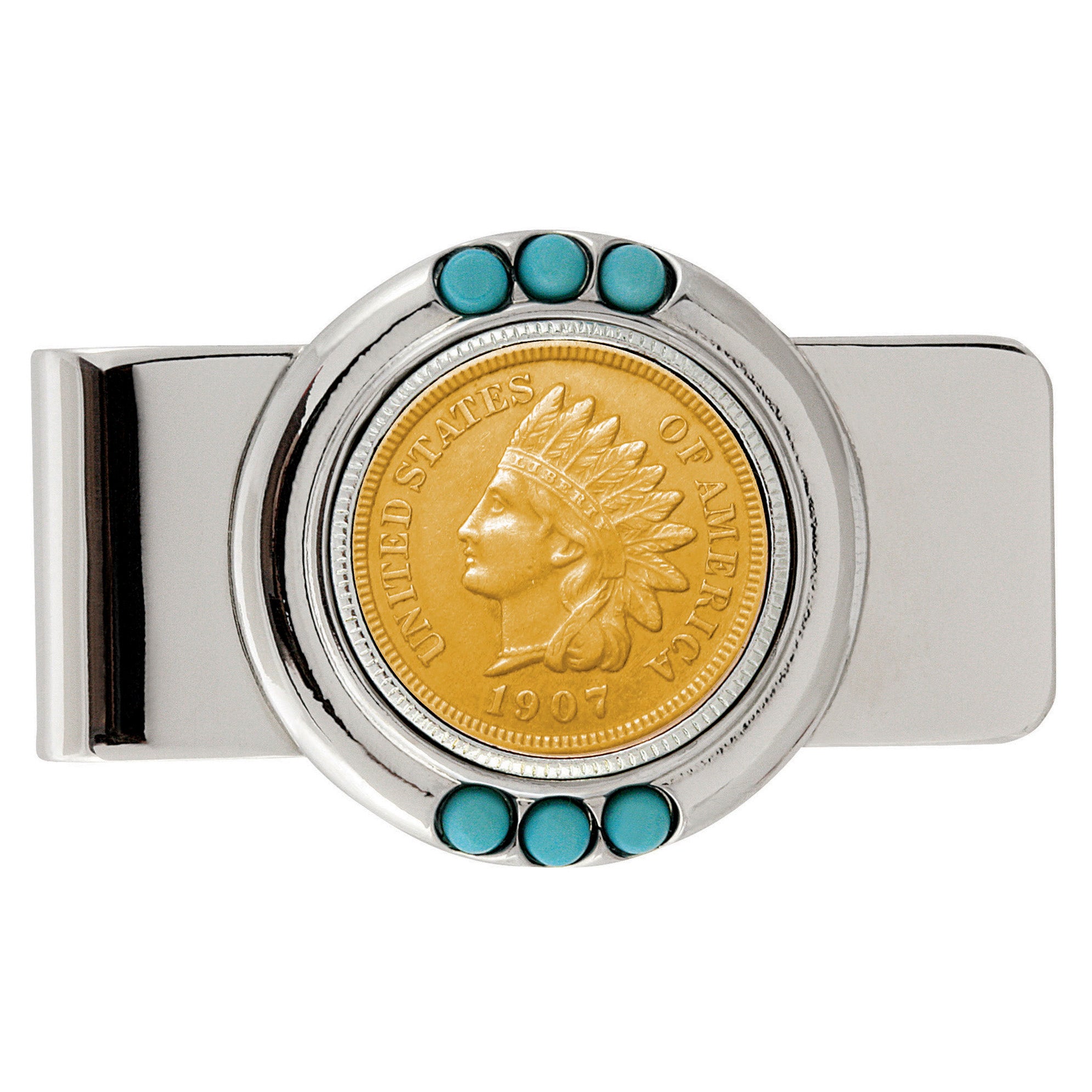 Gold-Layered Indian Penny Turquoise Coin Money Clip
