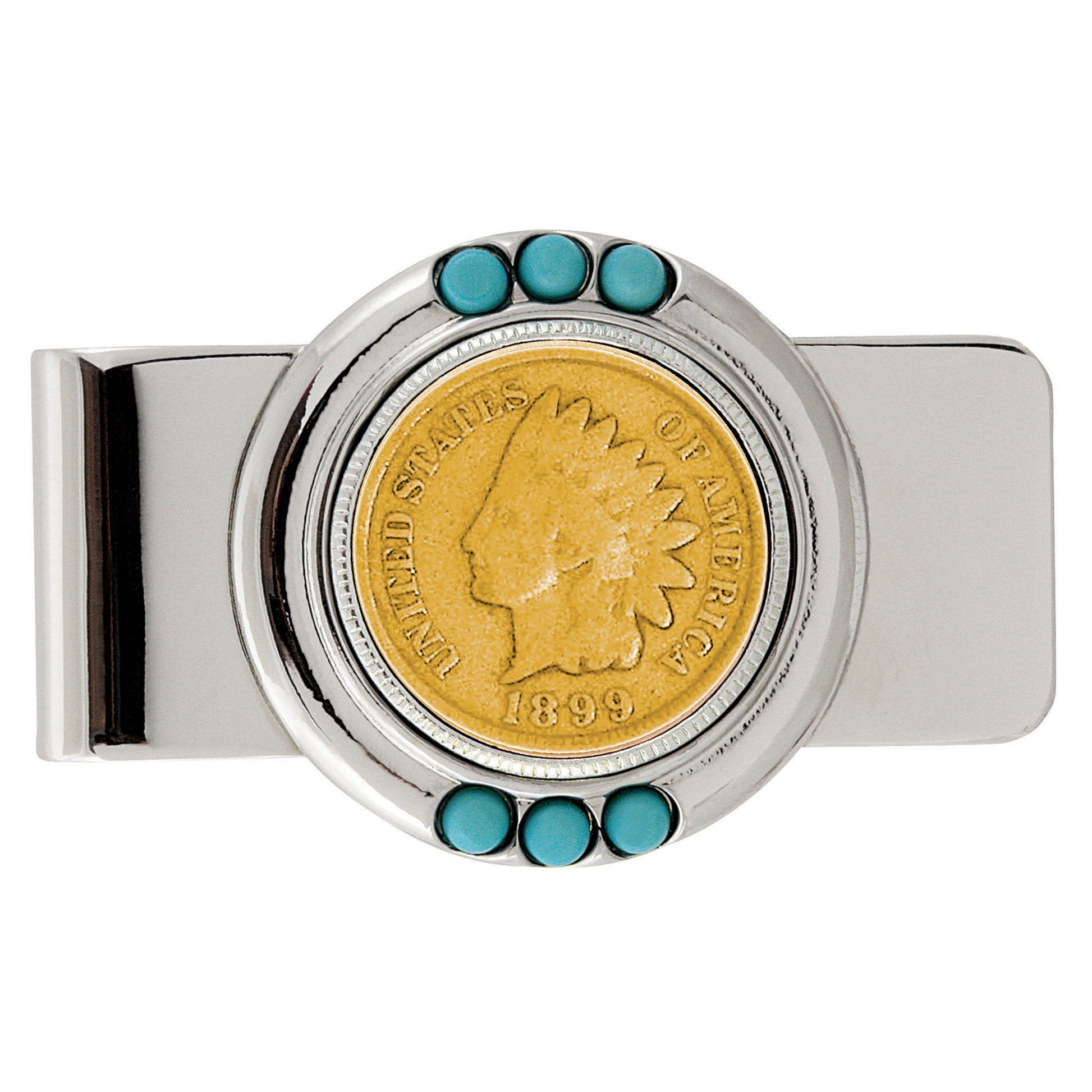 Gold-Layered 1800's Indian Penny Turquoise Coin Money Clip