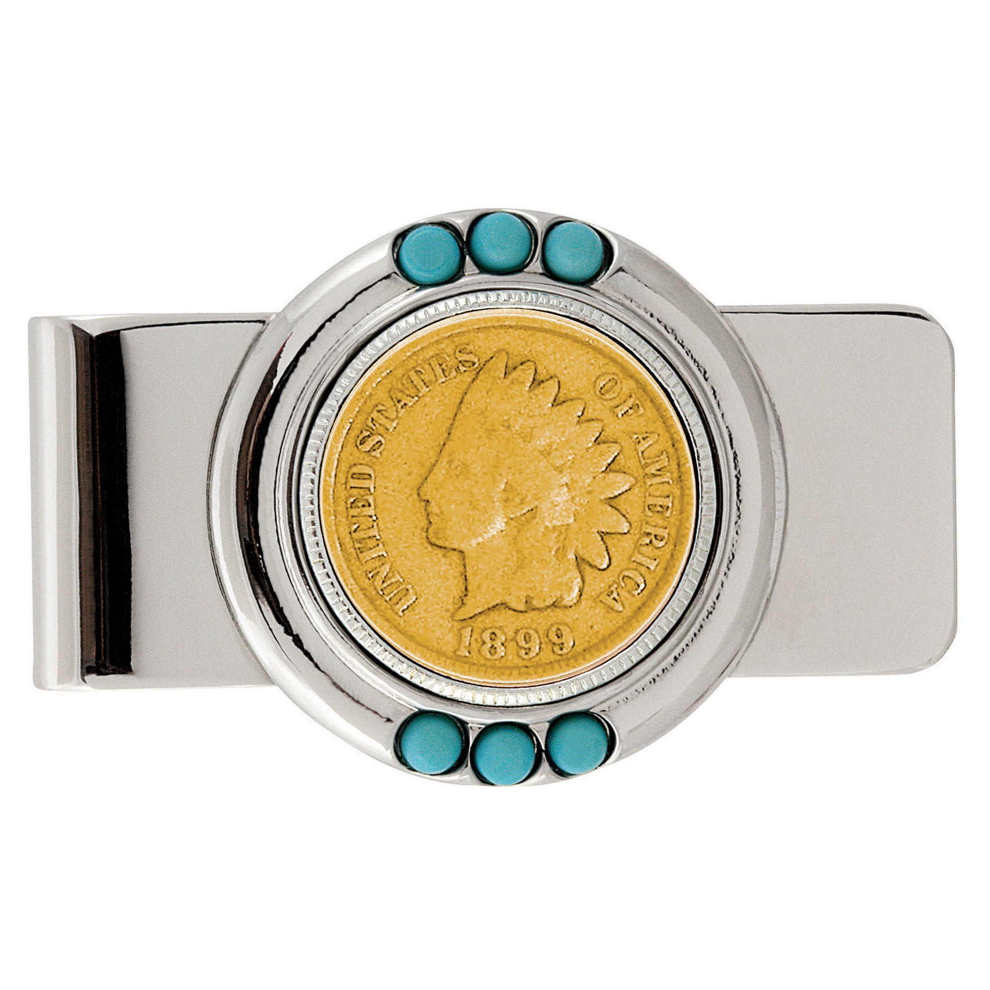 Gold-Layered 1800's Indian Penny Turquoise Coin Money Clip