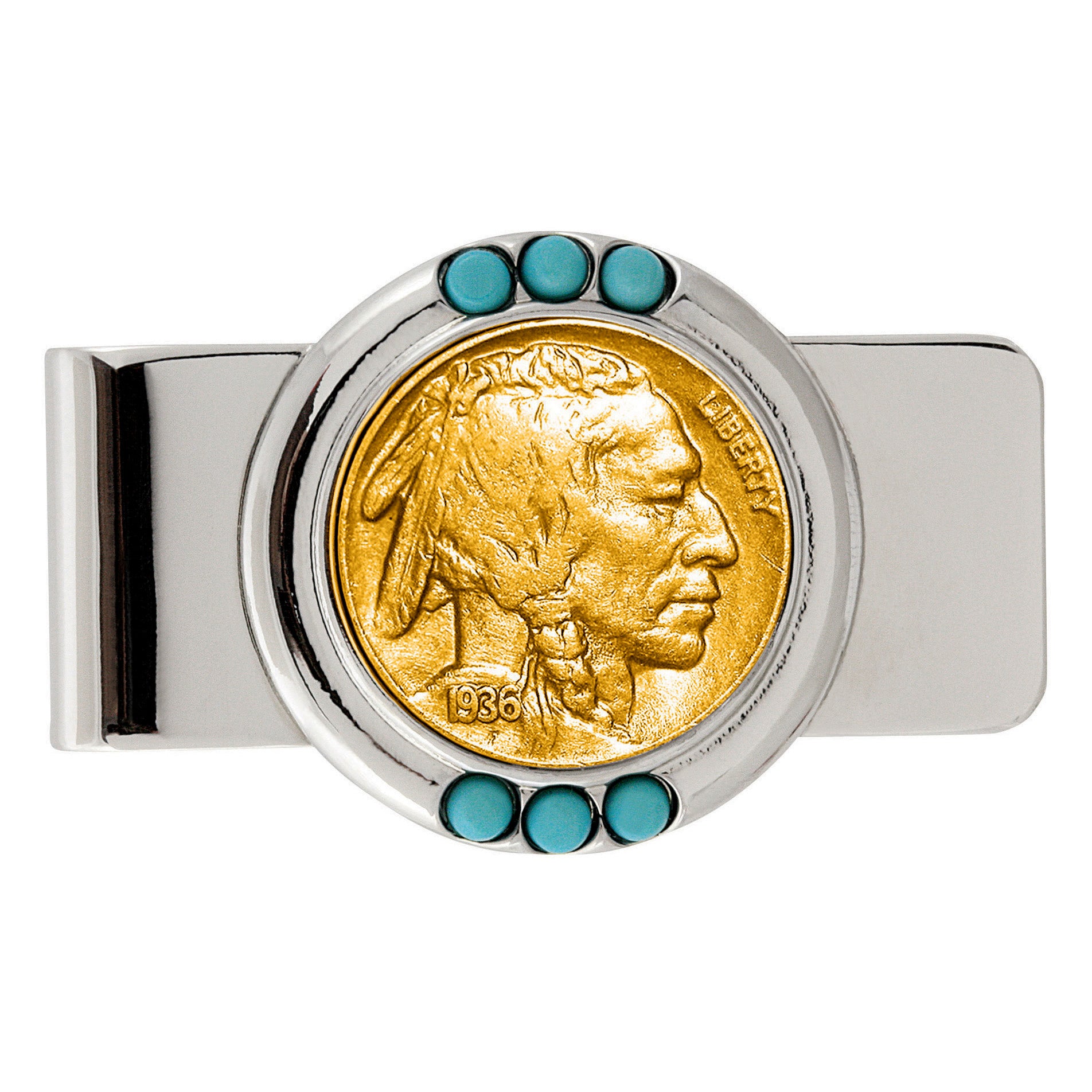 Gold-Layered Buffalo Nickel Turquoise Coin Money Clip