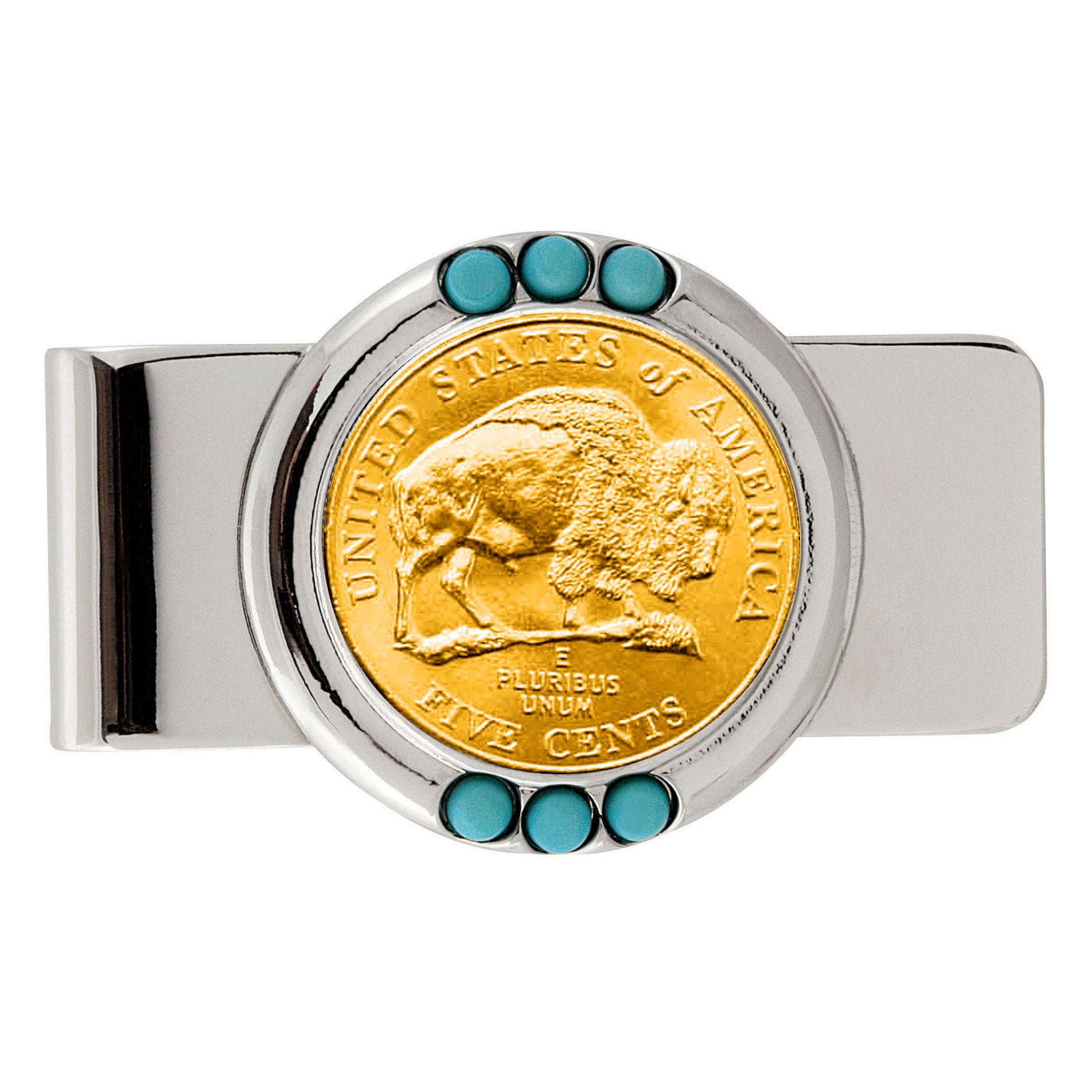 Gold-Layered Westward Journey Bison Nickel Turquoise Coin Money Clip