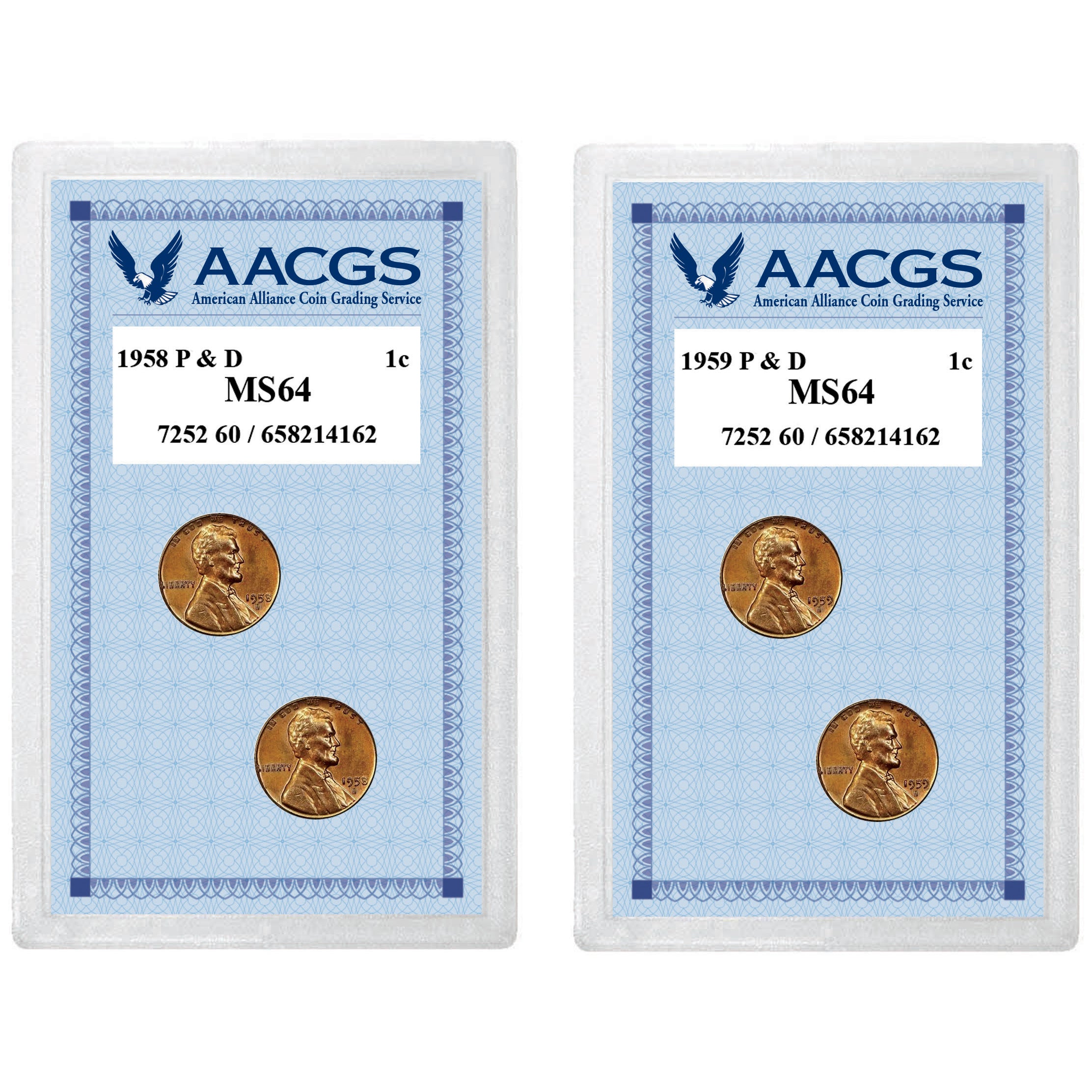 1958 Lincoln Wheat Pennies P&D Graded MS64 + 1959 Lincoln Memorial Pennies P&D Graded MS64