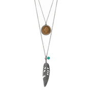 Silvertone Indian Cent Double Chain Feather Necklace With Turquoise Stone