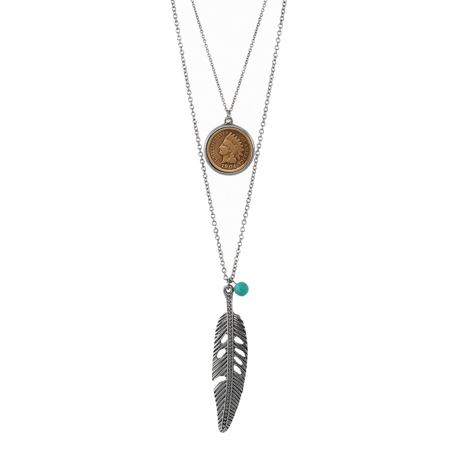 Silvertone Indian Cent Double Chain Feather Necklace With Turquoise Stone