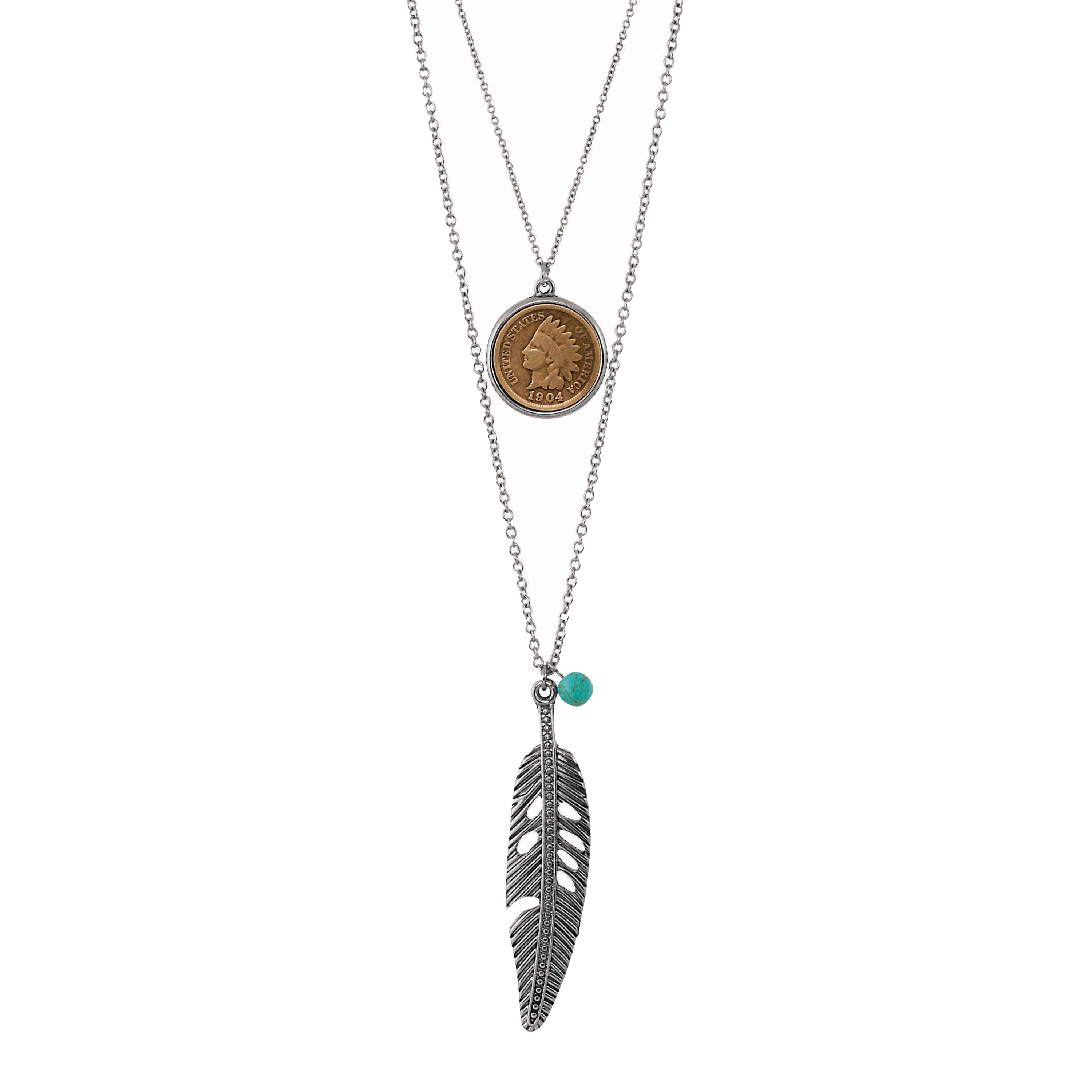 Silvertone Indian Cent Double Chain Feather Necklace With Turquoise Stone