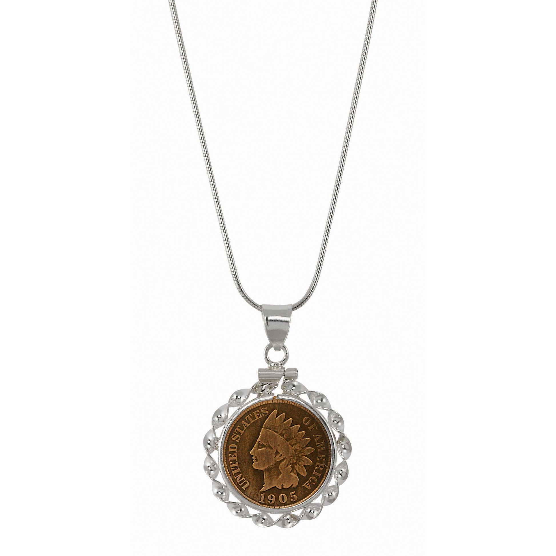 Sterling Silver Ribbon Style Coin Pendant with Genuine Indian Penny
