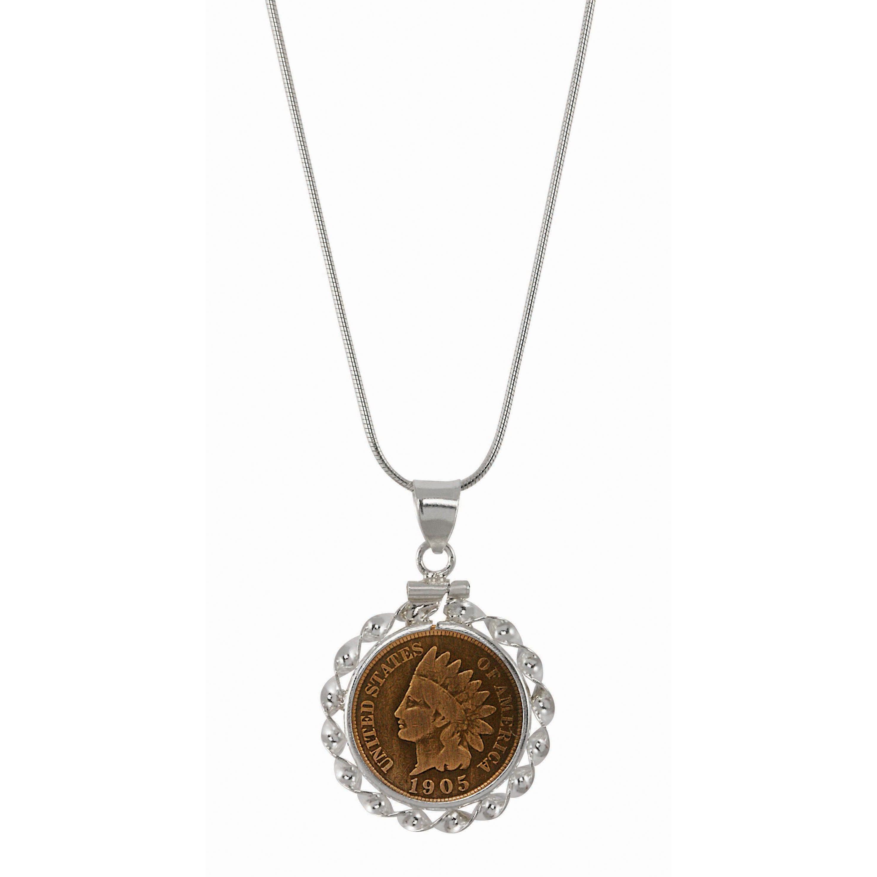 Sterling Silver Ribbon Style Coin Pendant with Genuine Indian Penny