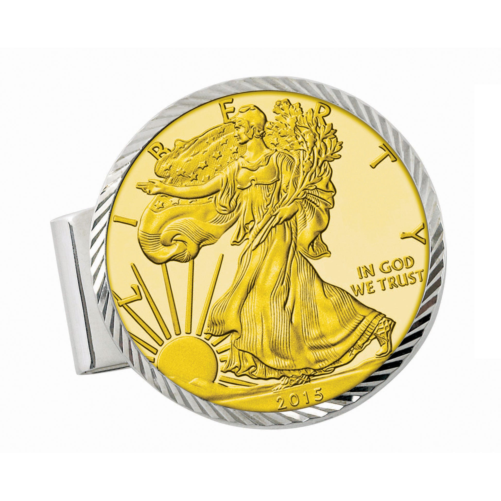 Sterling Silver Diamond Cut Coin Money Clip with Gold-Layered American Silver Eagle Dollar