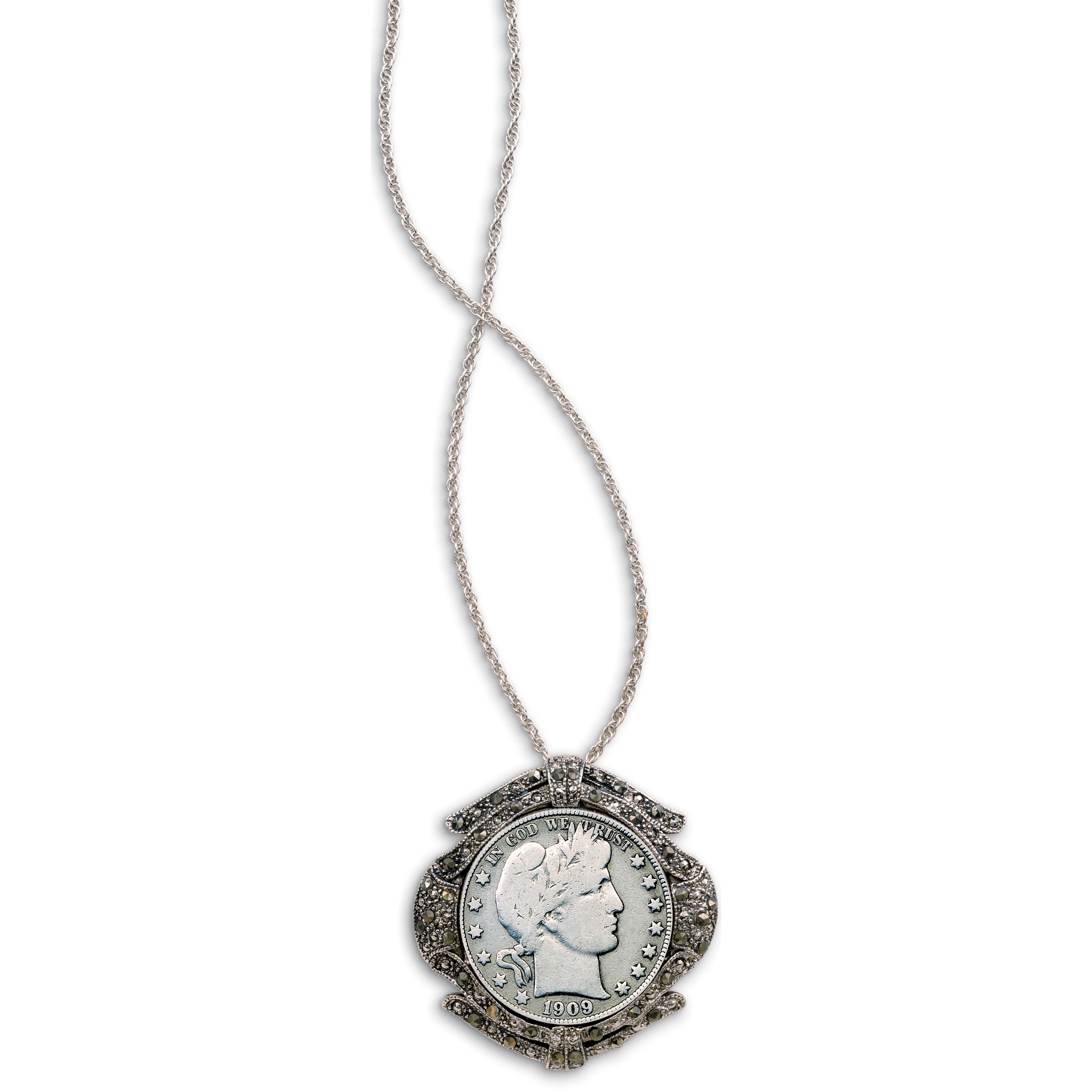 Silver Barber Half Dollar Marcasite Coin Pin/Coin Pendant Coin Jewelry