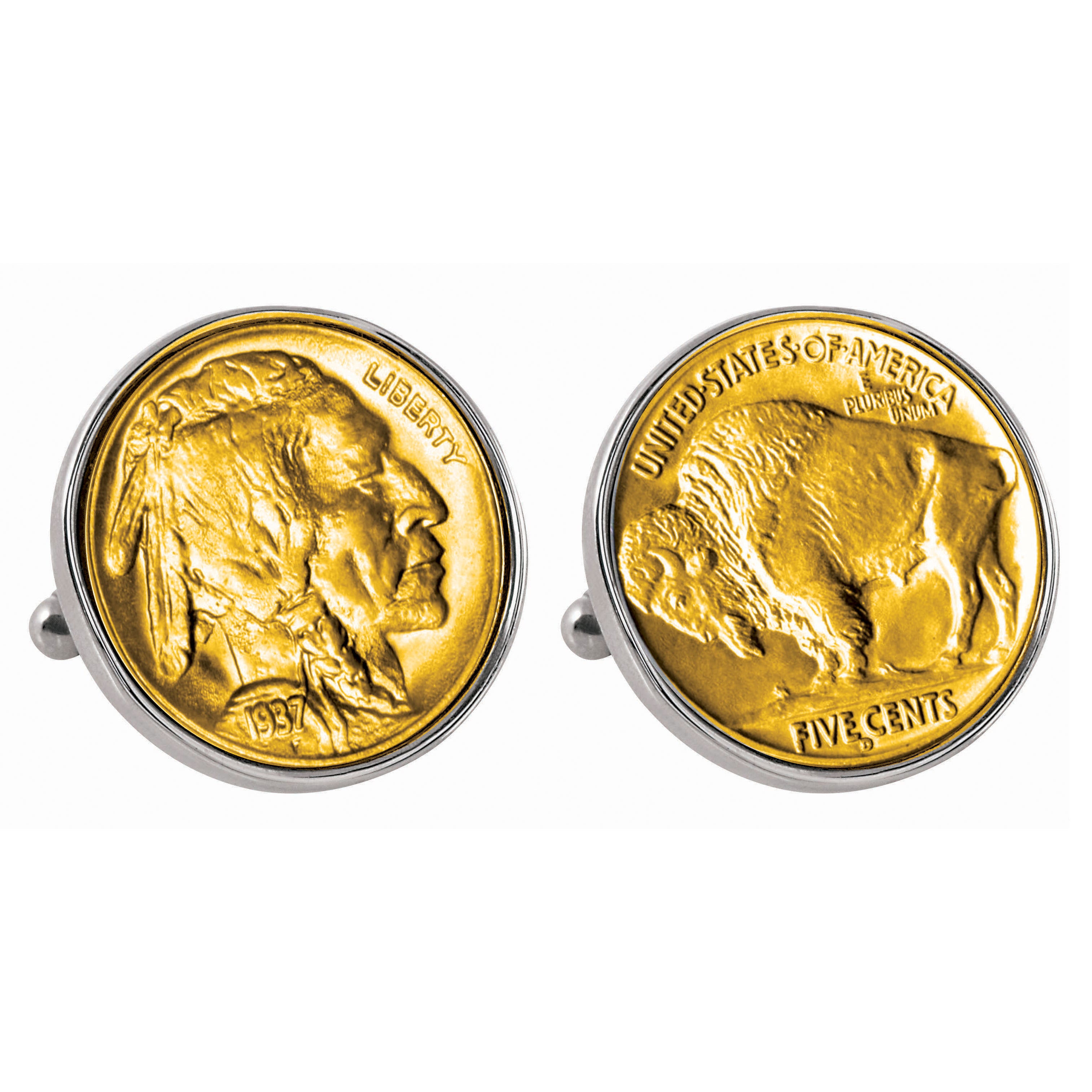 Gold-Layered Buffalo Nickel Silvertone Bezel Coin Cuff Links