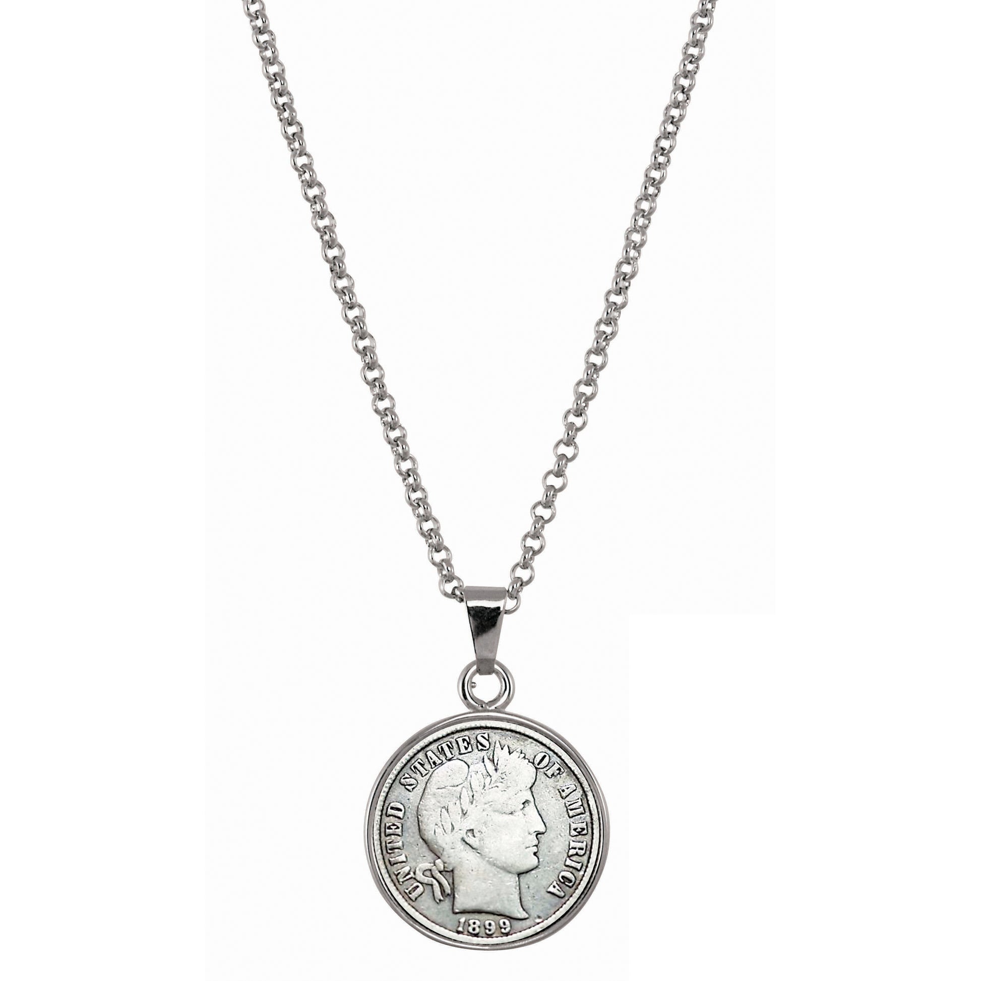 1800's Silver Barber Dime Silvertone Coin Pendant with 18" Chain