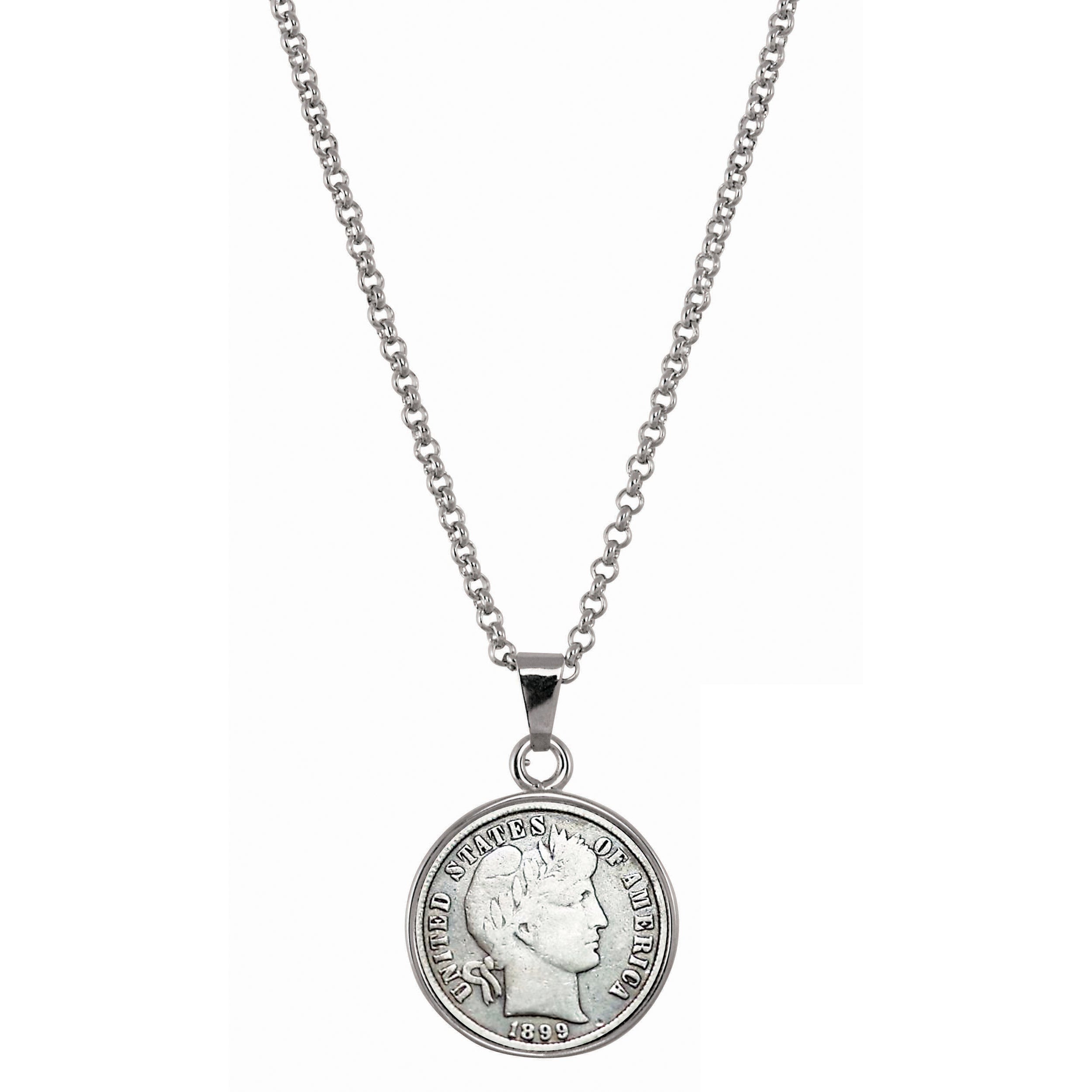 1800's Silver Barber Dime Silvertone Coin Pendant with 18" Chain