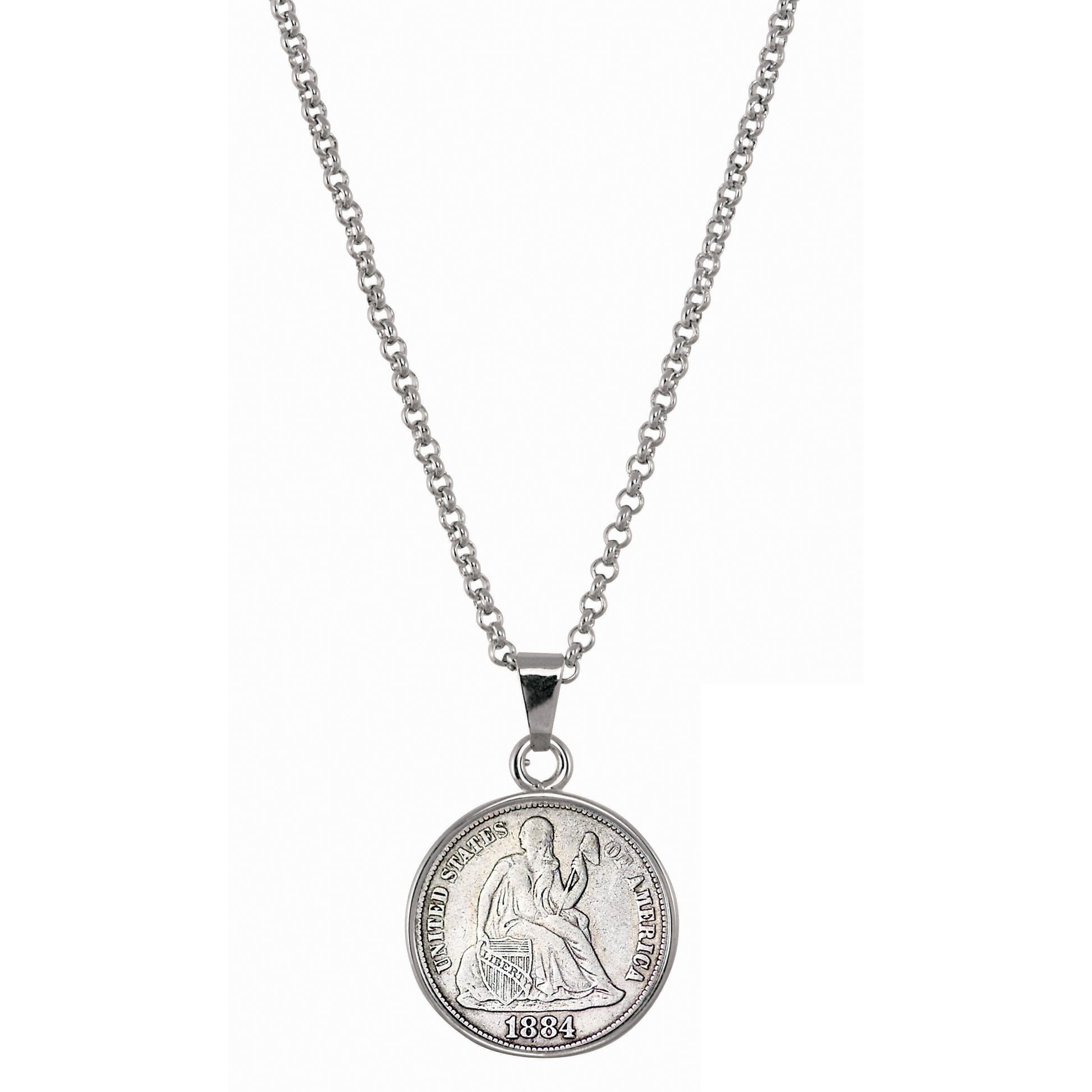 Seated Liberty Silver Dime Silvertone Coin Pendant with 18" Chain