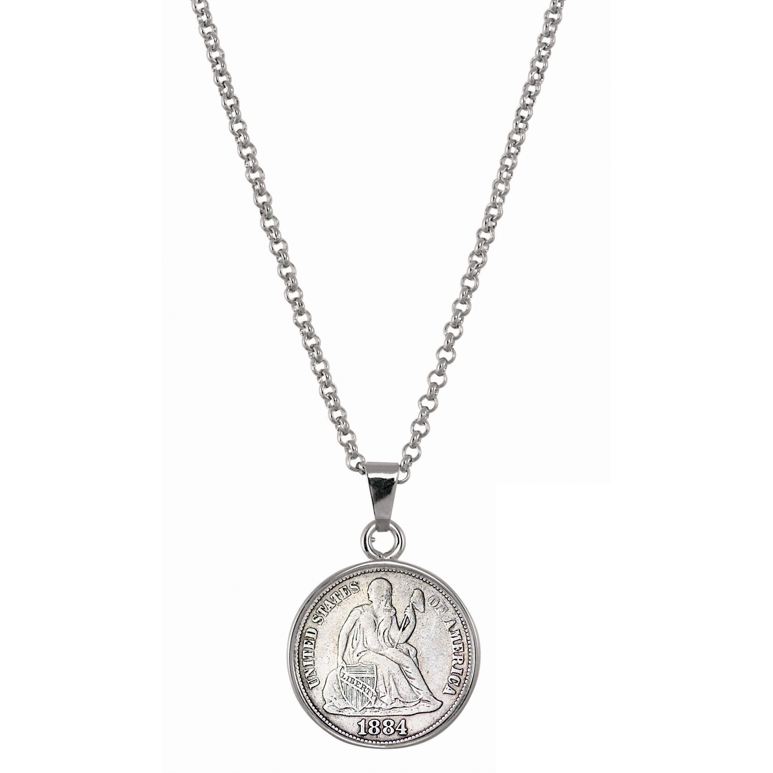 Seated Liberty Silver Dime Silvertone Coin Pendant with 18" Chain