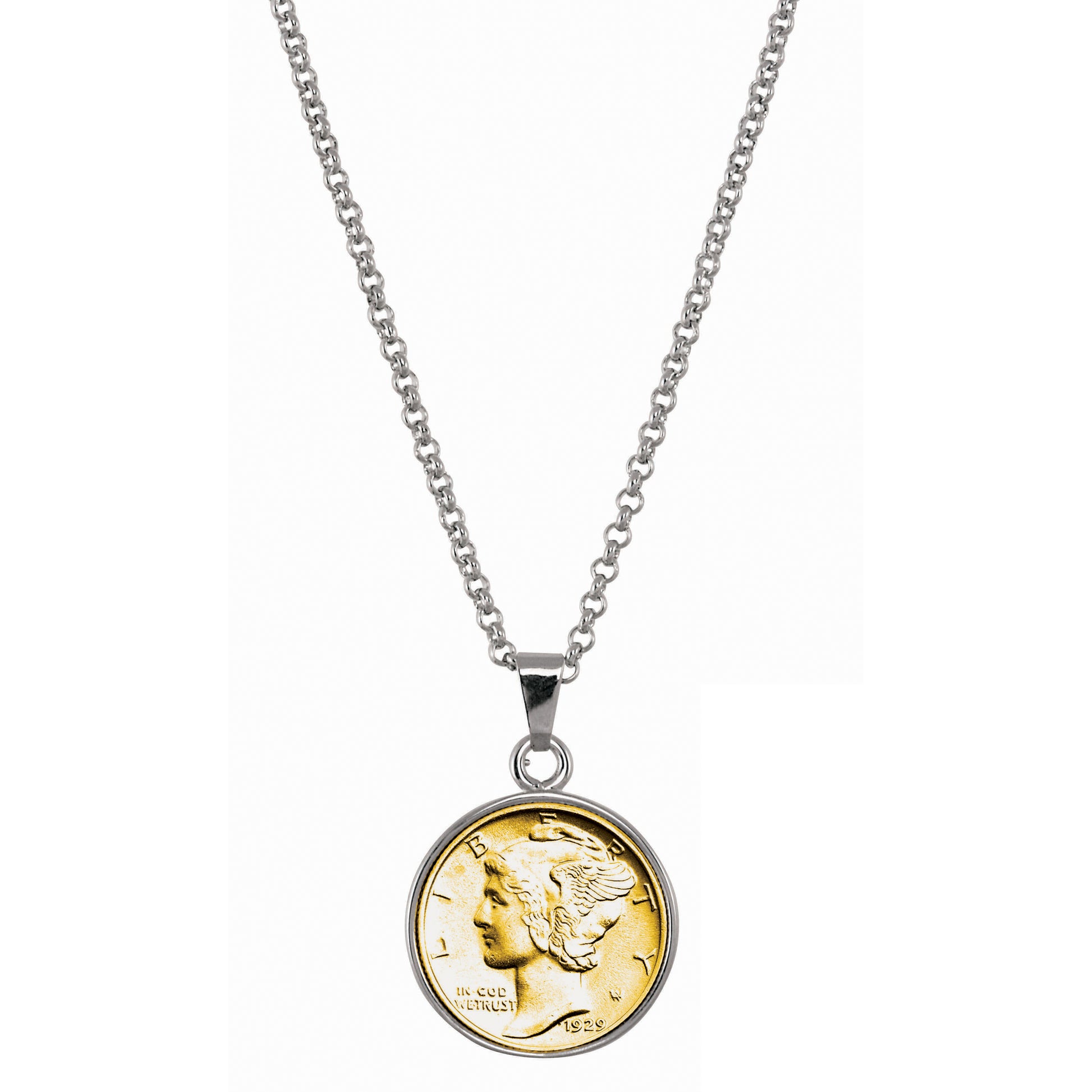 Gold-Layered Silver Mercury Dime Silvertone Coin Pendant with 18" Chain