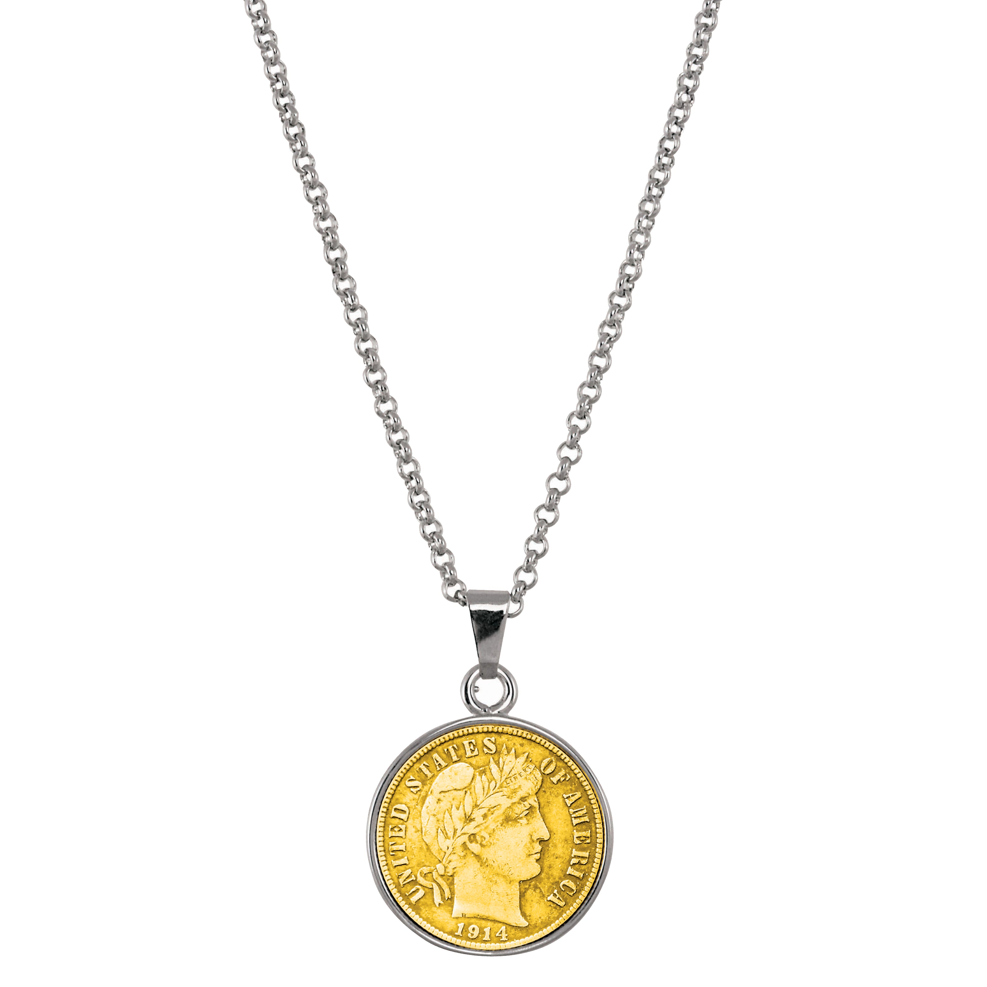 Gold-Layered Silver Barber Dime Silvertone Coin Pendant with 18" Chain