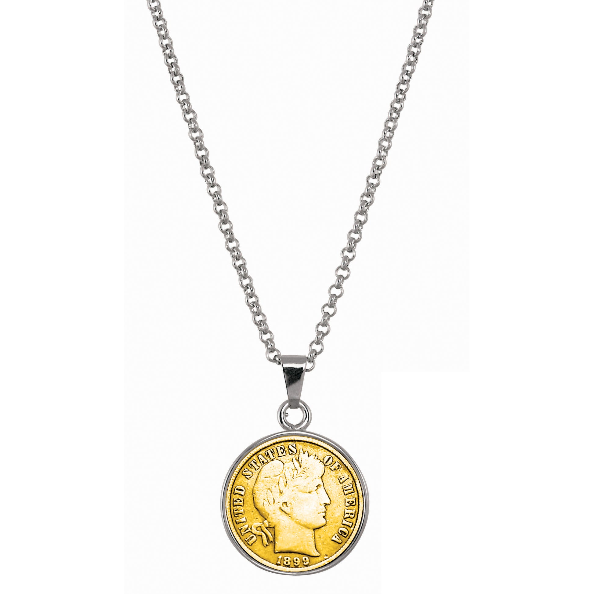 Gold-Layered 1800's Silver Barber Dime Silvertone Coin Pendant with 18" Chain