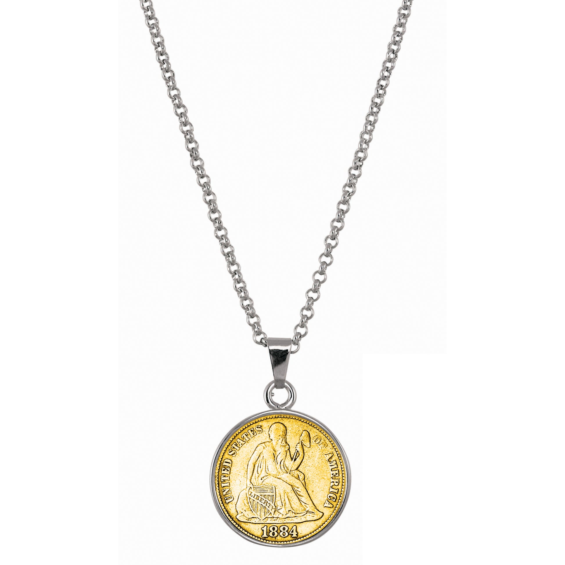 Gold-Layered Seated Liberty Silver Dime Silvertone Coin Pendant with 18" Chain
