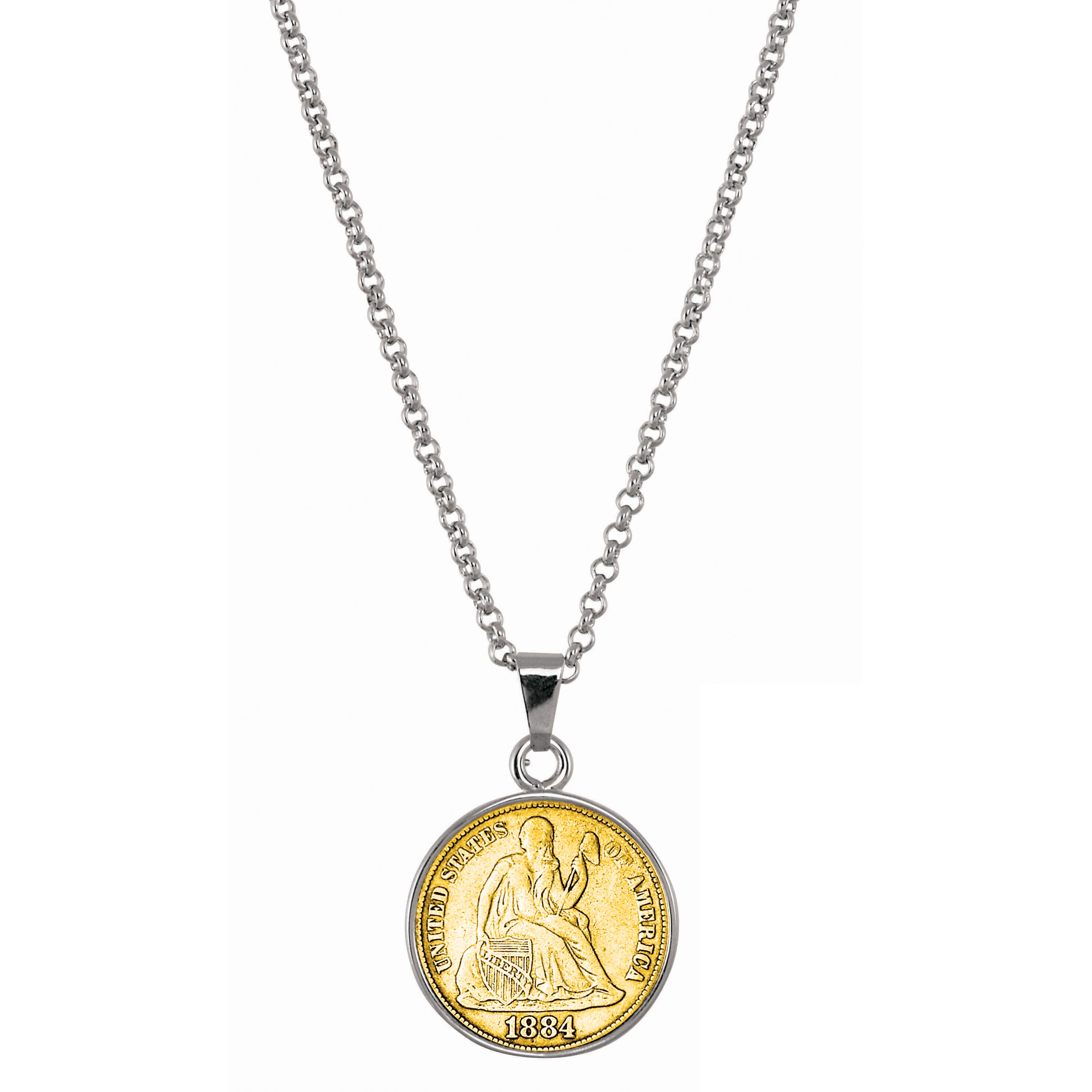 Gold-Layered Seated Liberty Silver Dime Silvertone Coin Pendant with 18" Chain