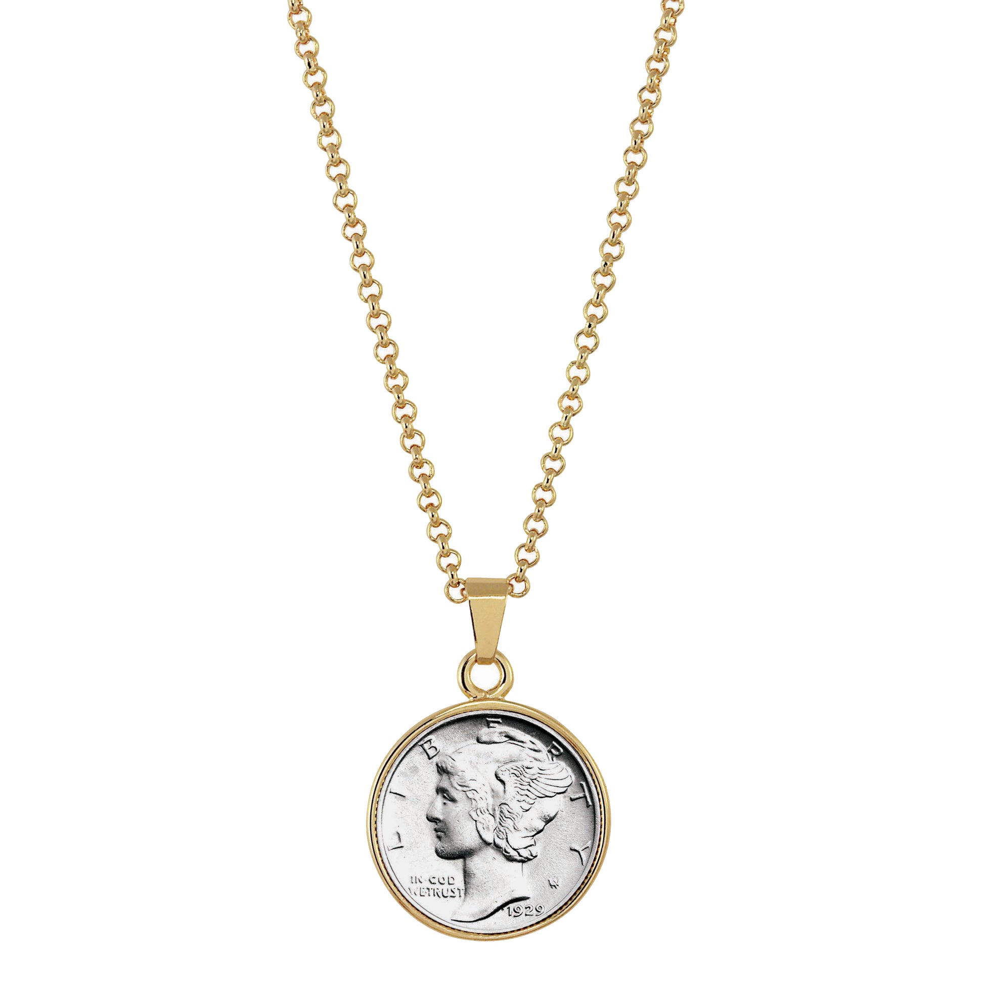 Silver Mercury Dime Goldtone Coin Pendant with 18" Chain