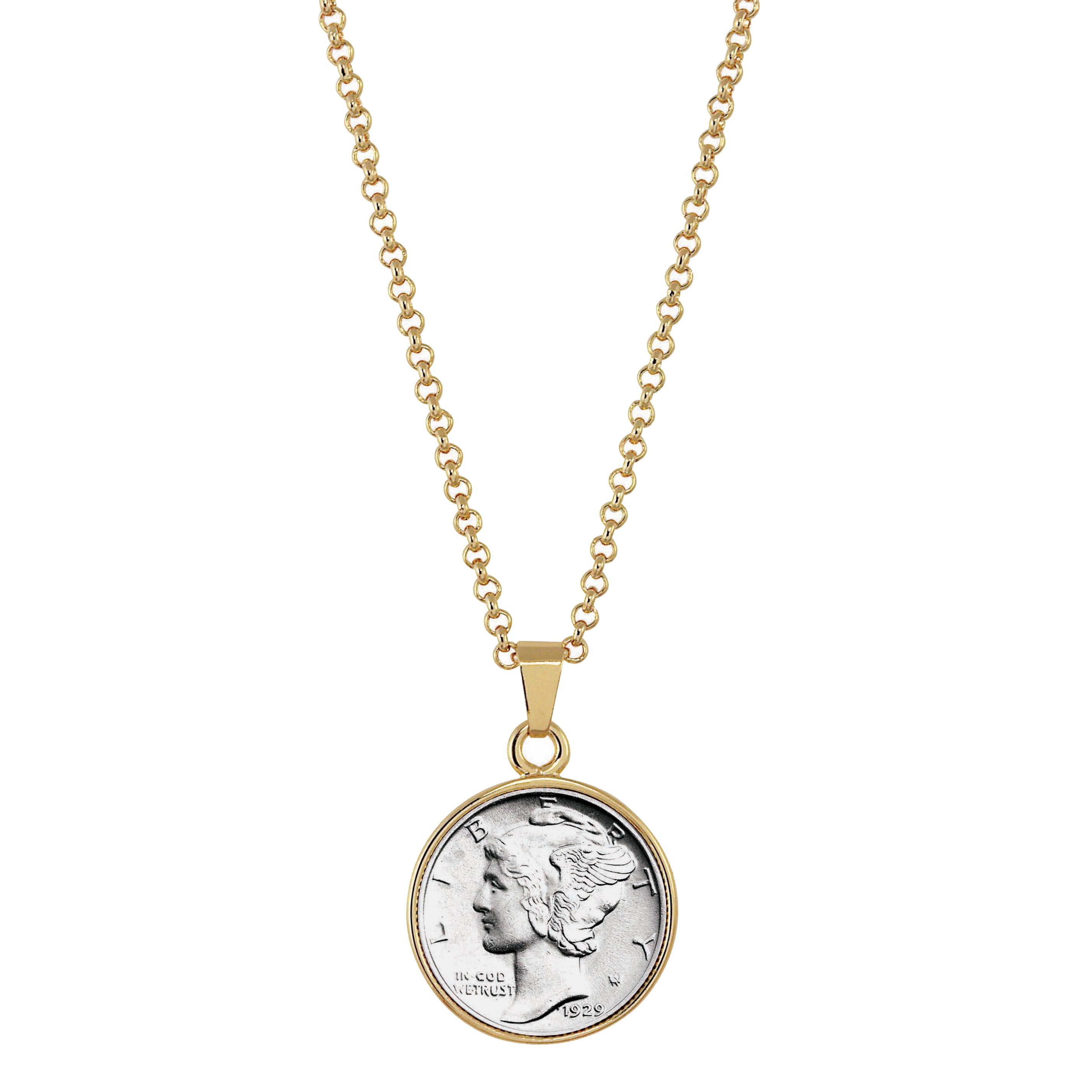 Silver Mercury Dime Goldtone Coin Pendant with 18" Chain