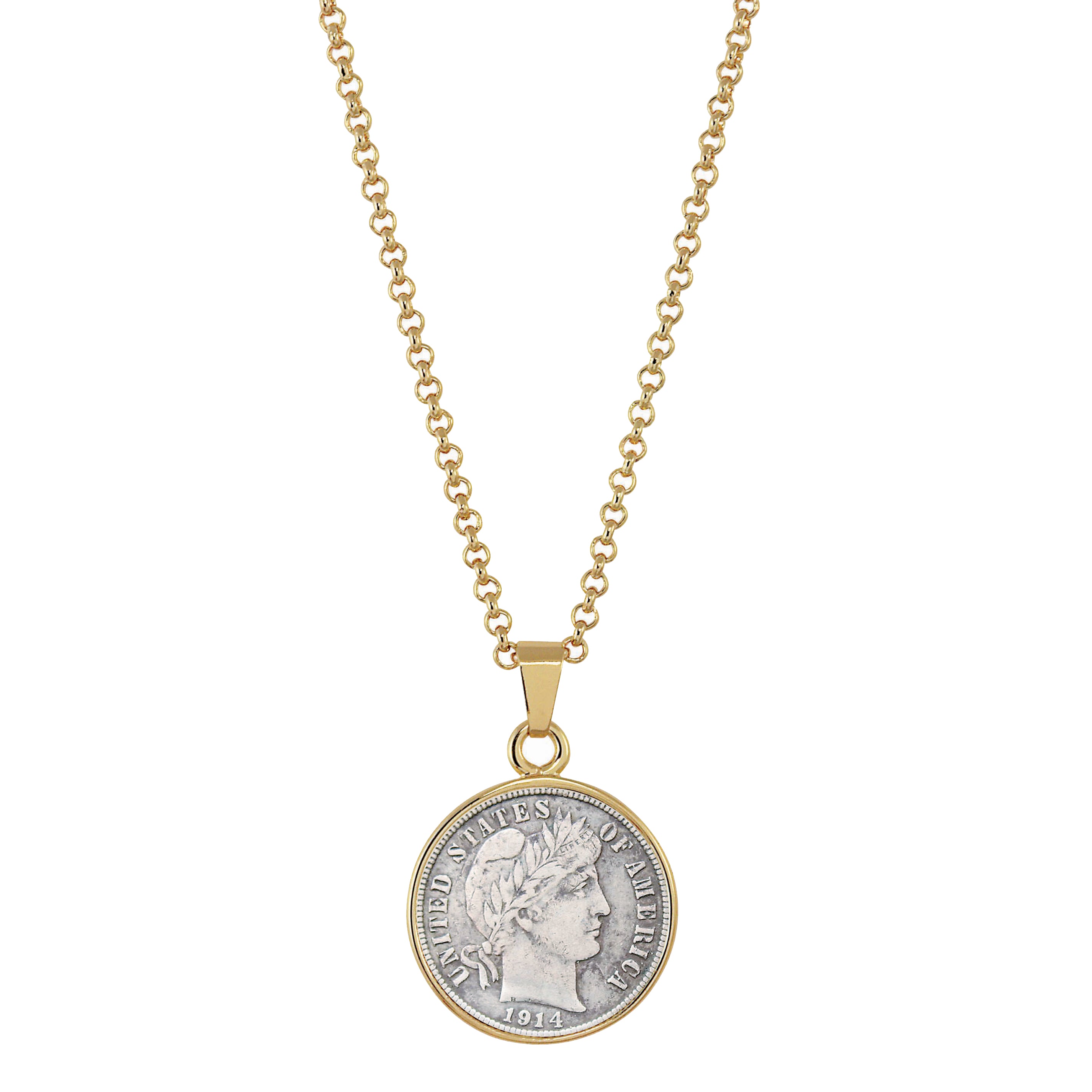 Silver Barber Dime Goldtone Coin Pendant with 18" Chain