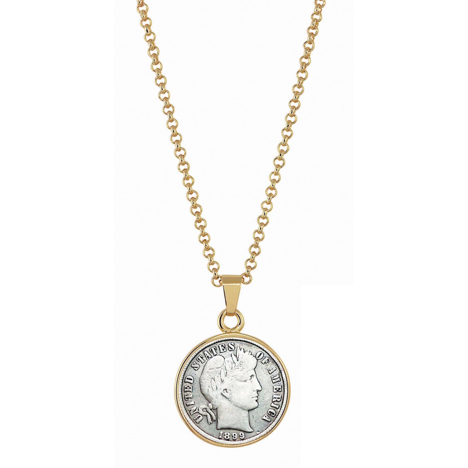 1800's Silver Barber Dime Goldtone Coin Pendant with 18" Chain