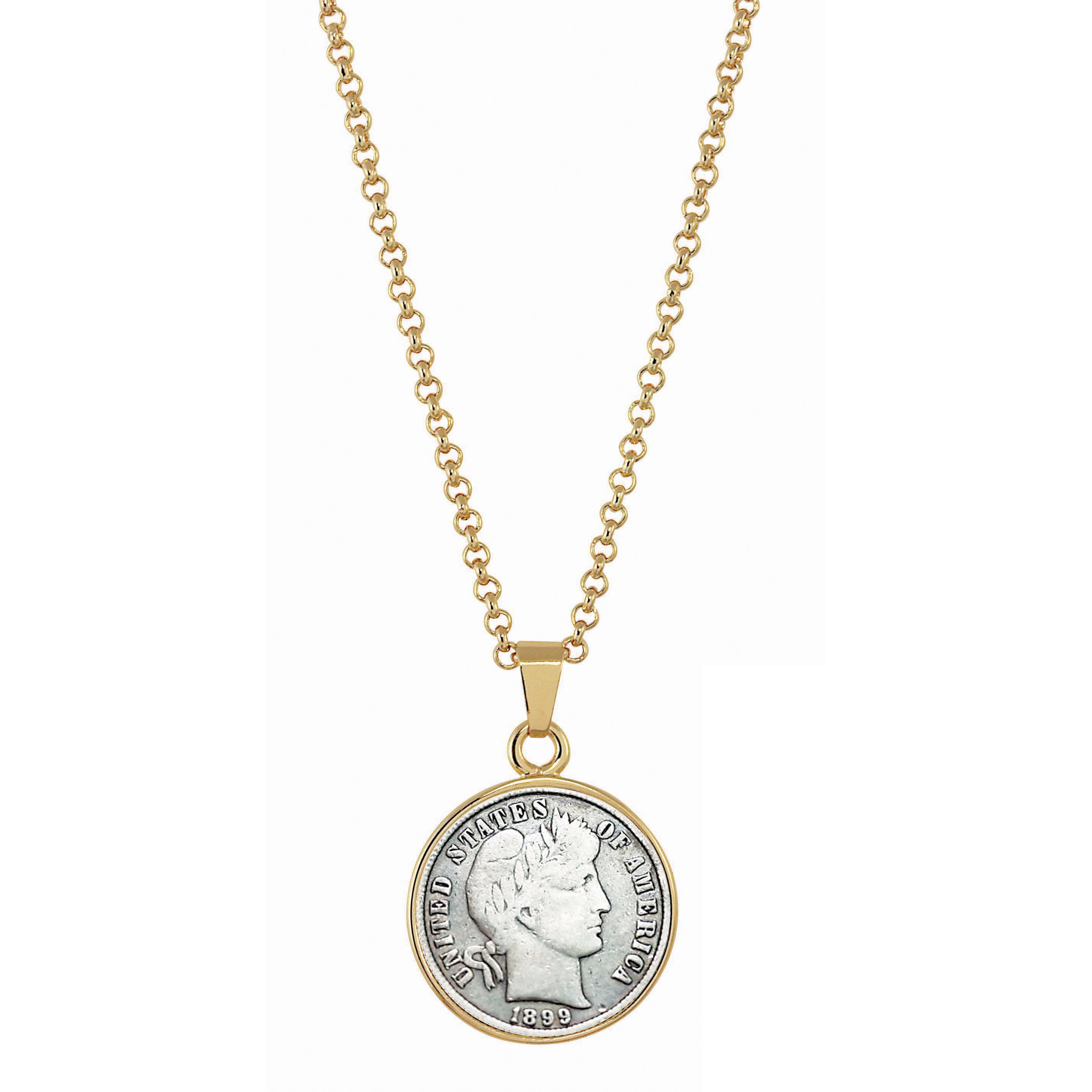 1800's Silver Barber Dime Goldtone Coin Pendant with 18" Chain