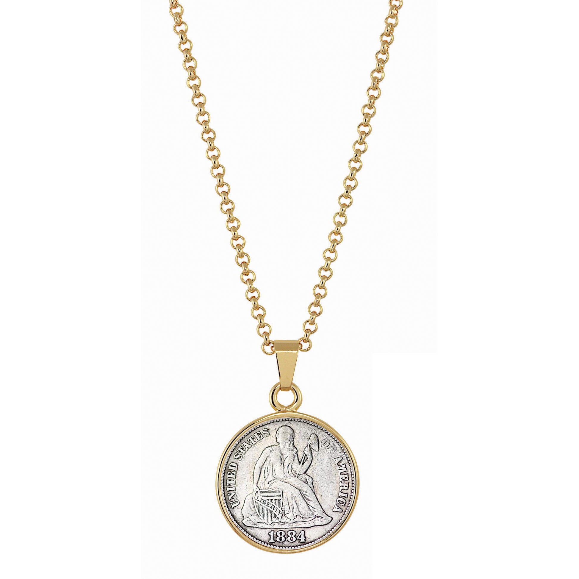 Seated Liberty Silver Dime Goldtone Coin Pendant with 18" Chain