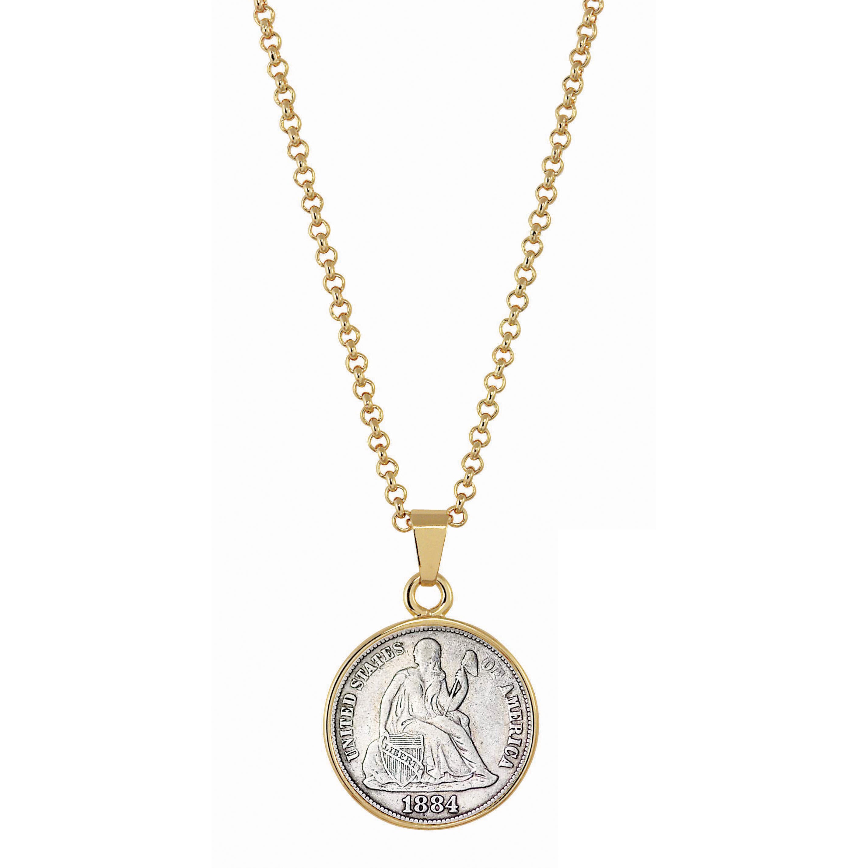 Seated Liberty Silver Dime Goldtone Coin Pendant with 18" Chain