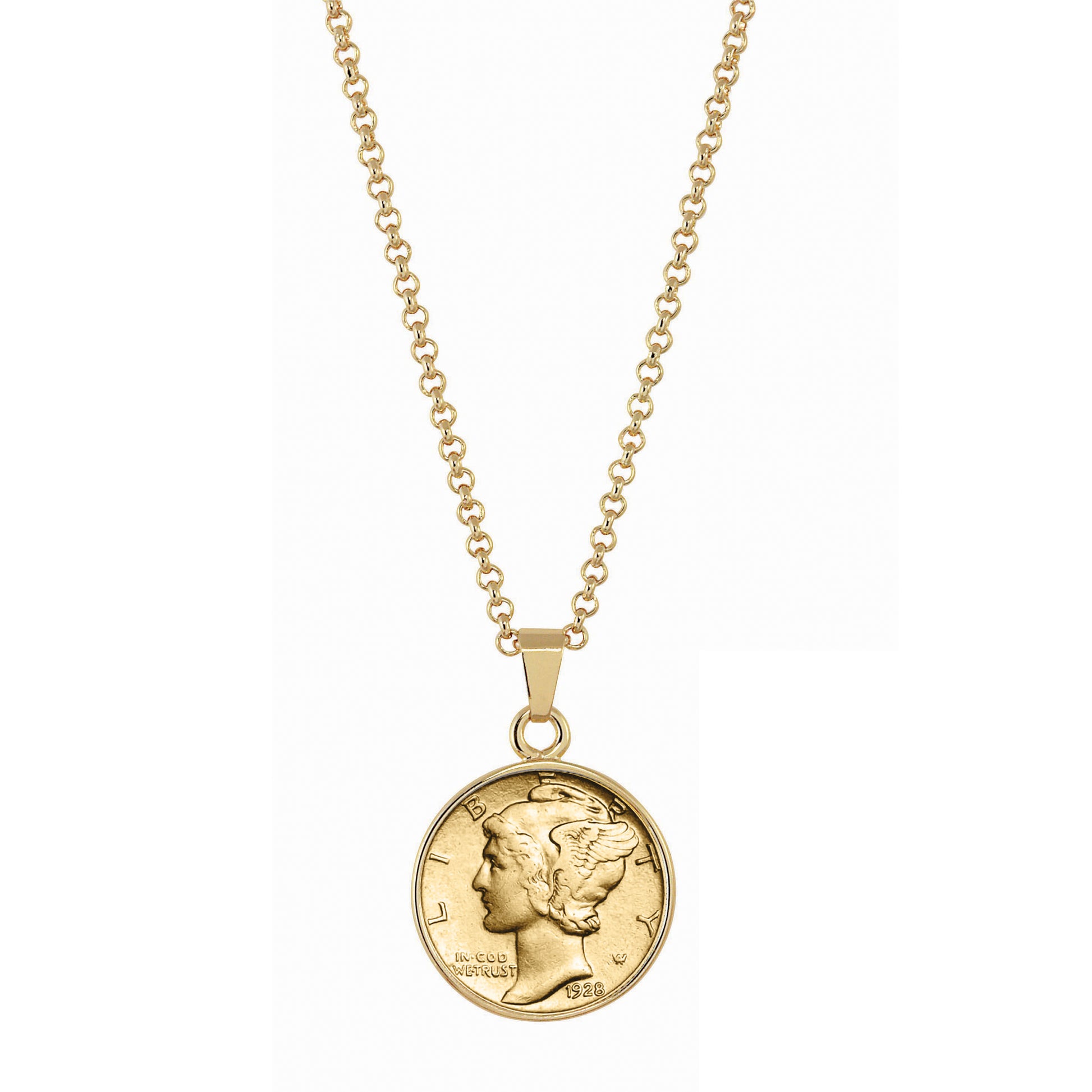 Gold-Layered Silver Mercury Dime Goldtone Coin Pendant with 18" Chain