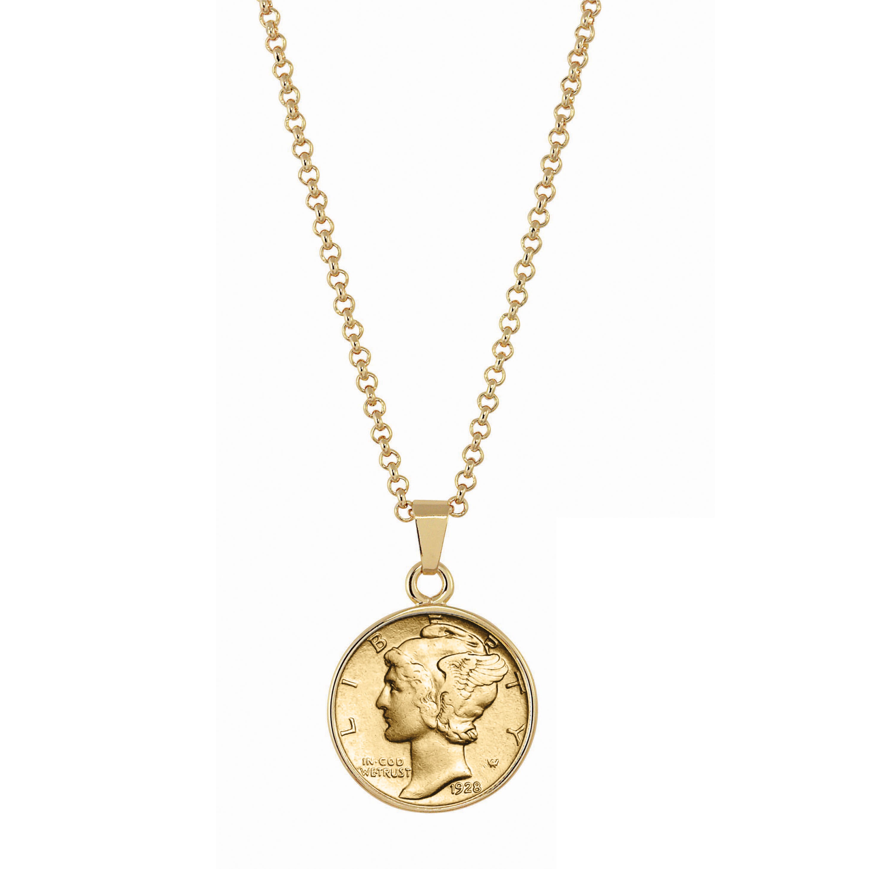 Gold-Layered Silver Mercury Dime Goldtone Coin Pendant with 18" Chain