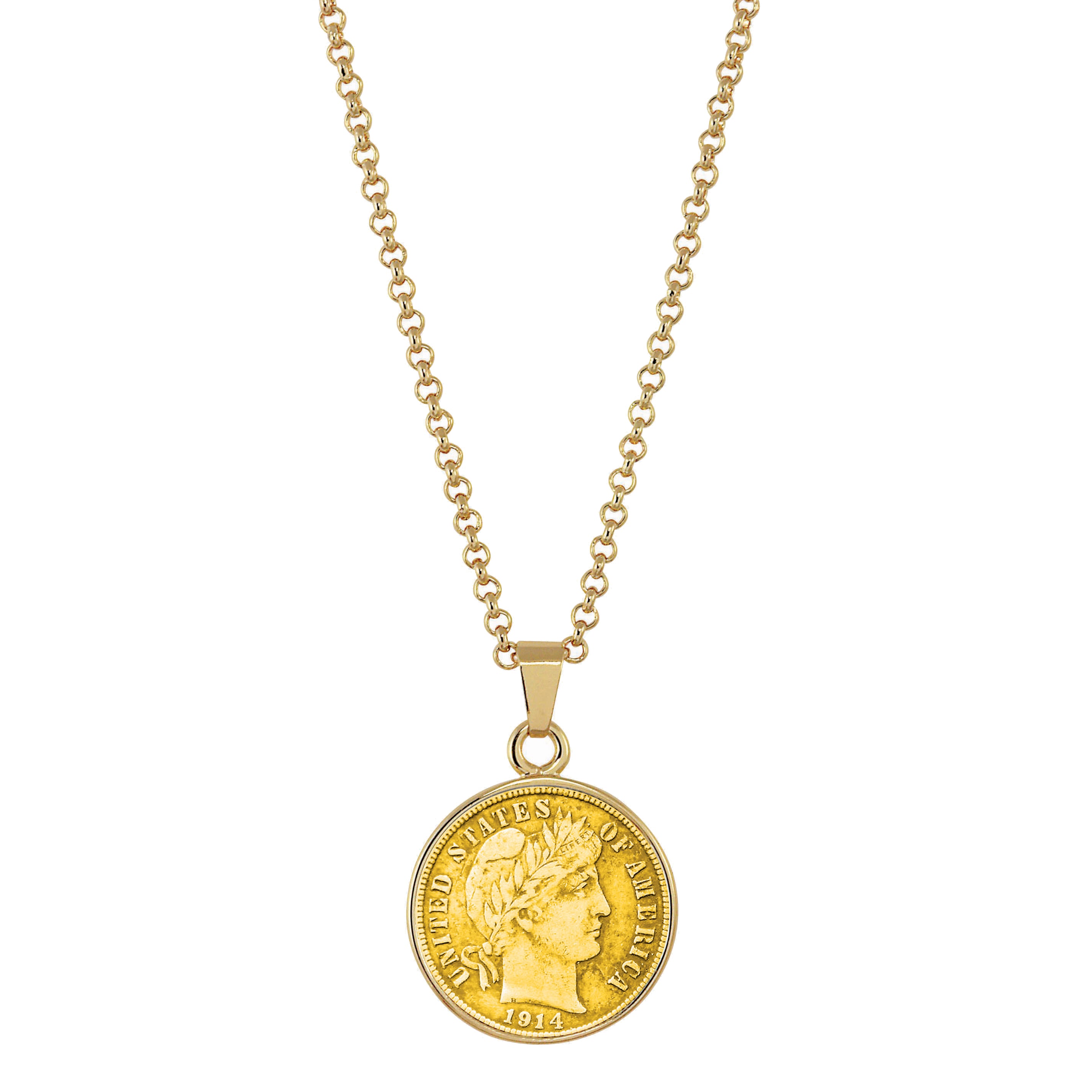 Gold-Layered Silver Barber Dime Goldtone Coin Pendant with 18" Chain