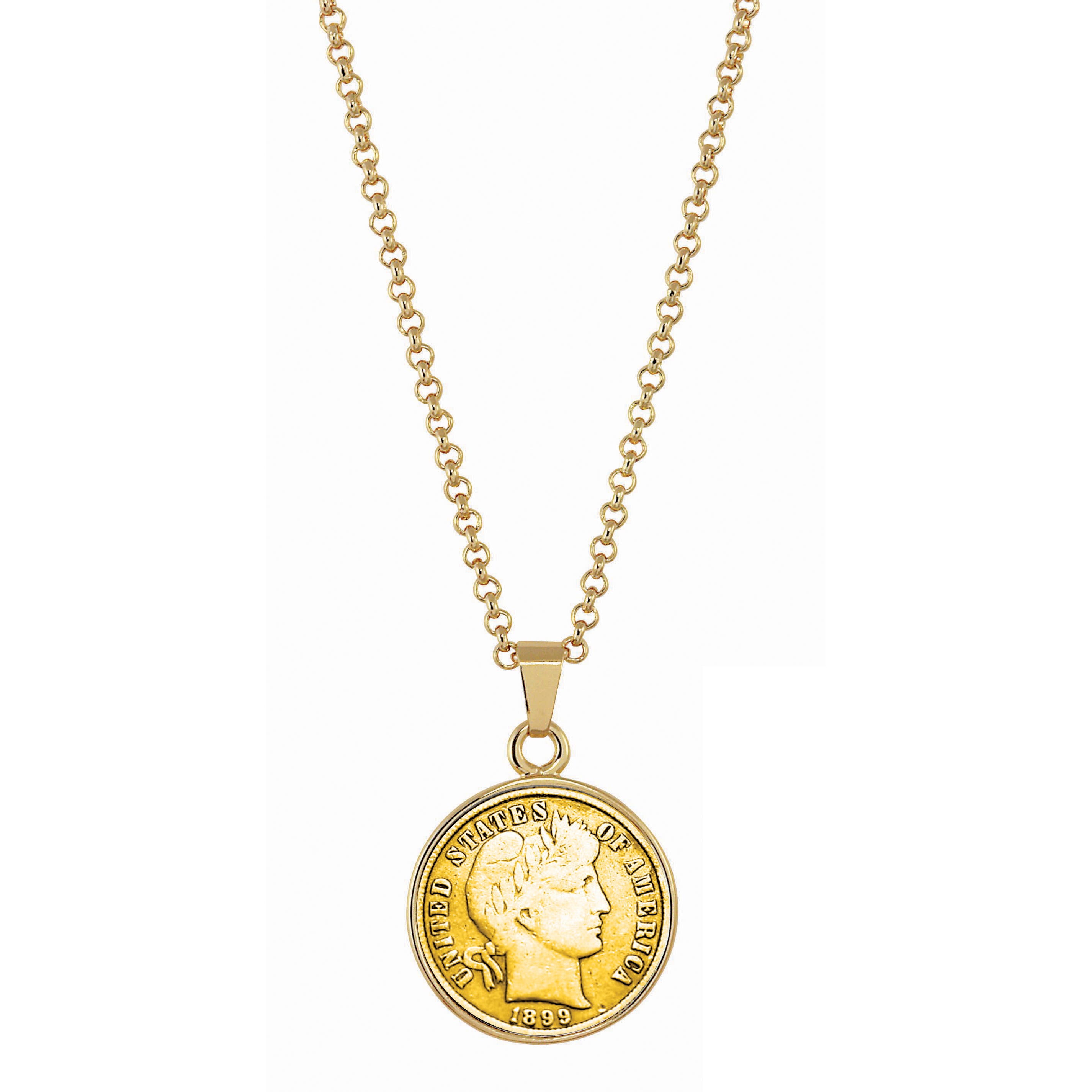 Gold-Layered 1800's Silver Barber Dime Goldtone Coin Pendant with 18" Chain
