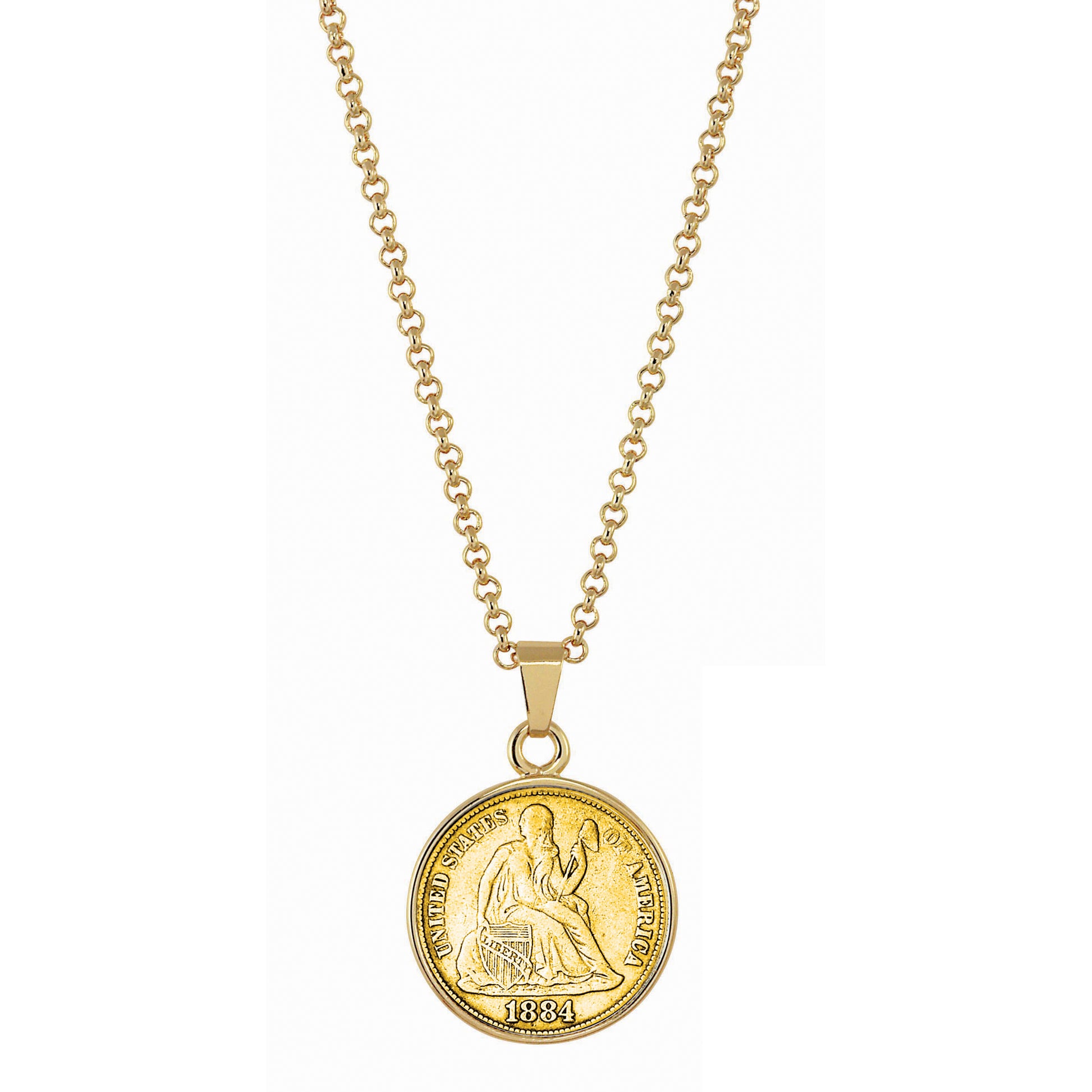 Gold-Layered Seated Liberty Silver Dime Goldtone Coin Pendant with 18" Chain
