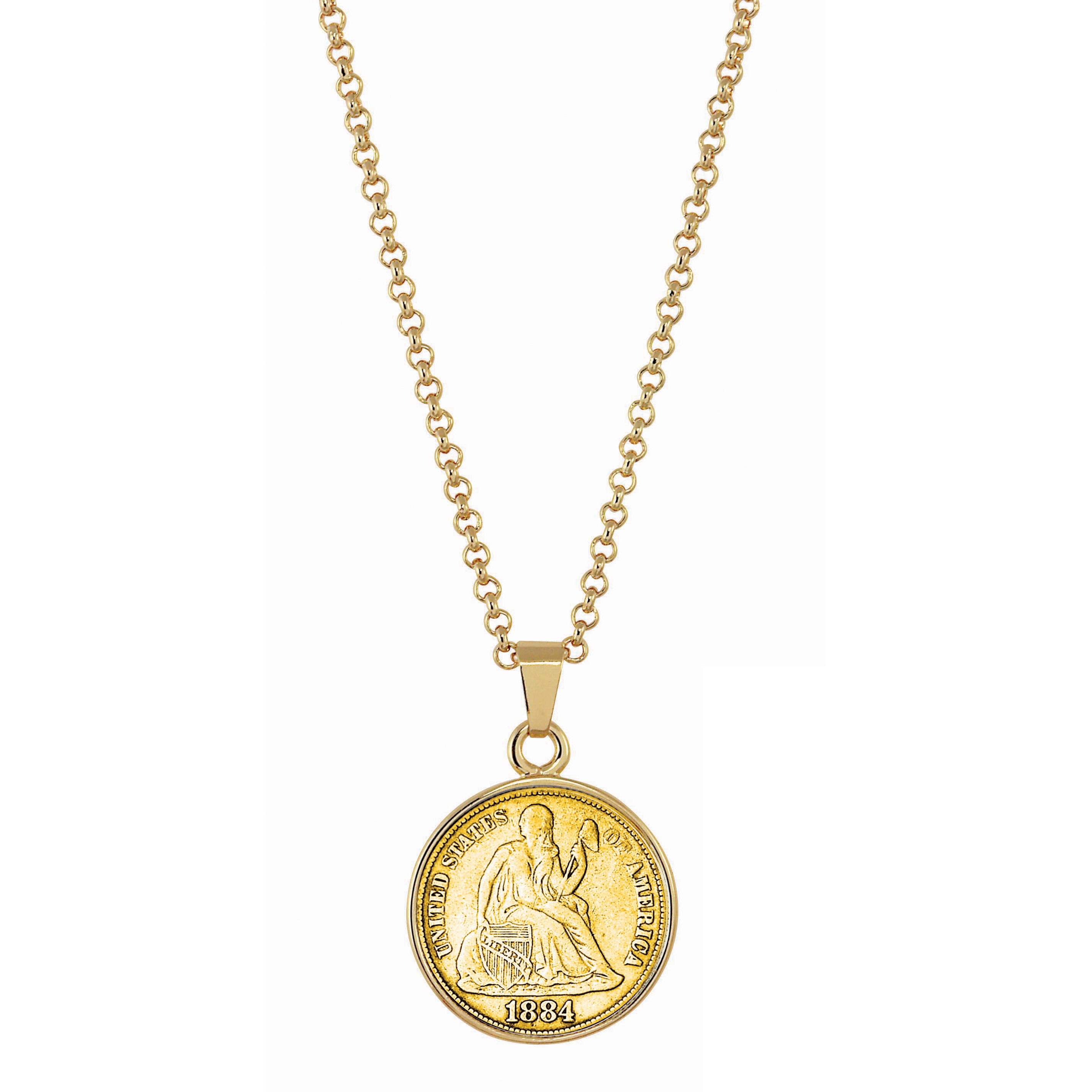 Gold-Layered Seated Liberty Silver Dime Goldtone Coin Pendant with 18" Chain