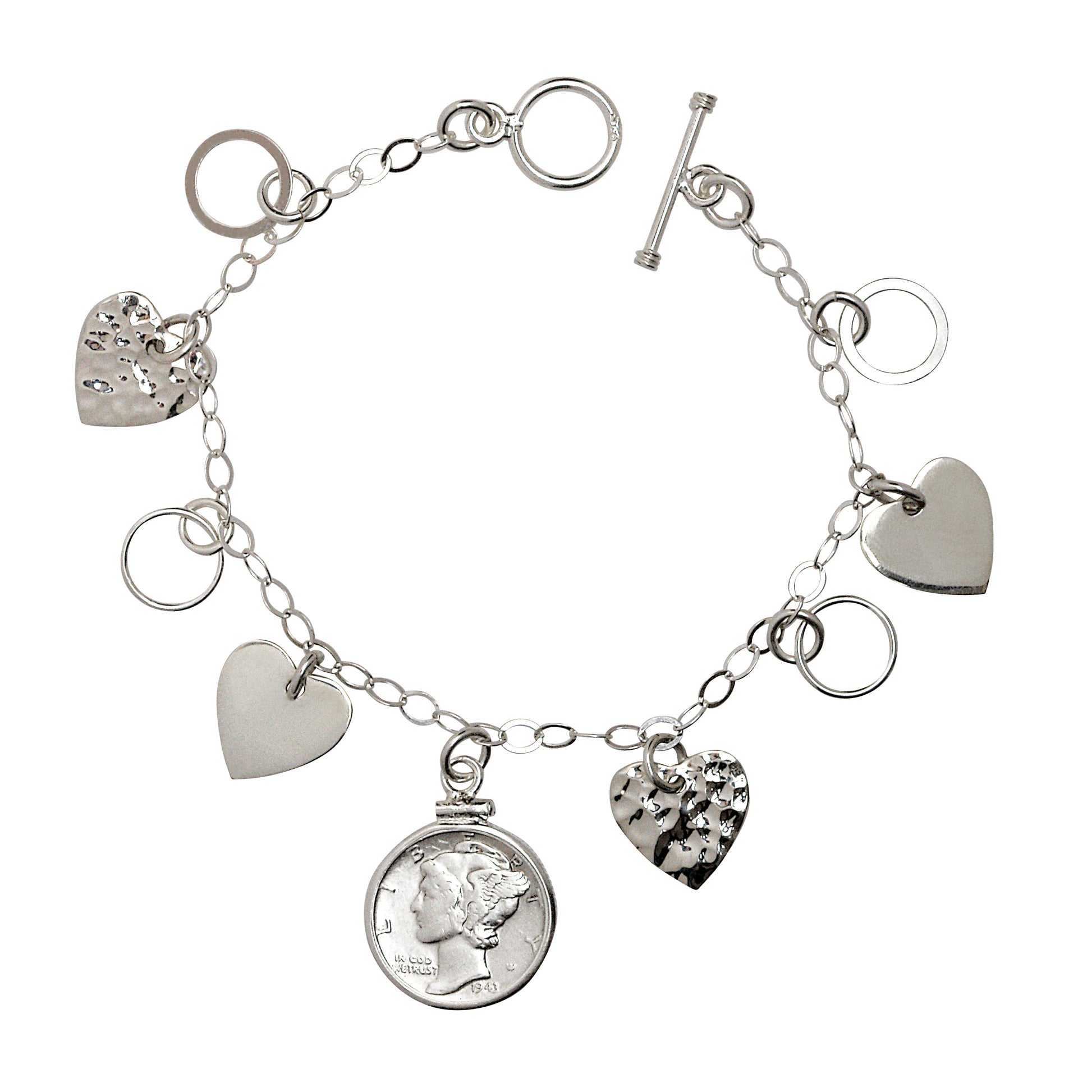 Heart Charm Sterling Silver Coin Bracelet with Silver Mercury Dime