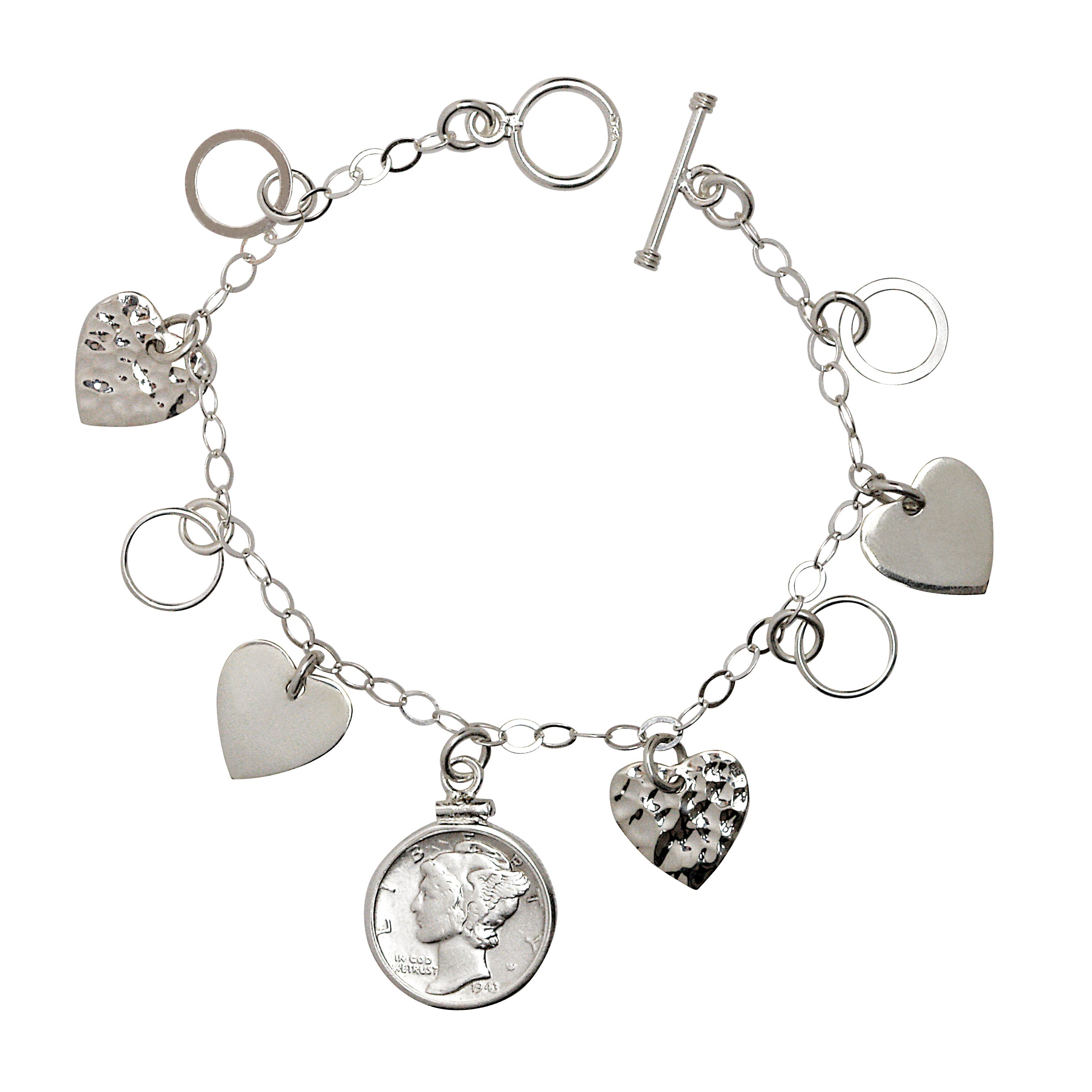 Heart Charm Sterling Silver Coin Bracelet with Silver Mercury Dime