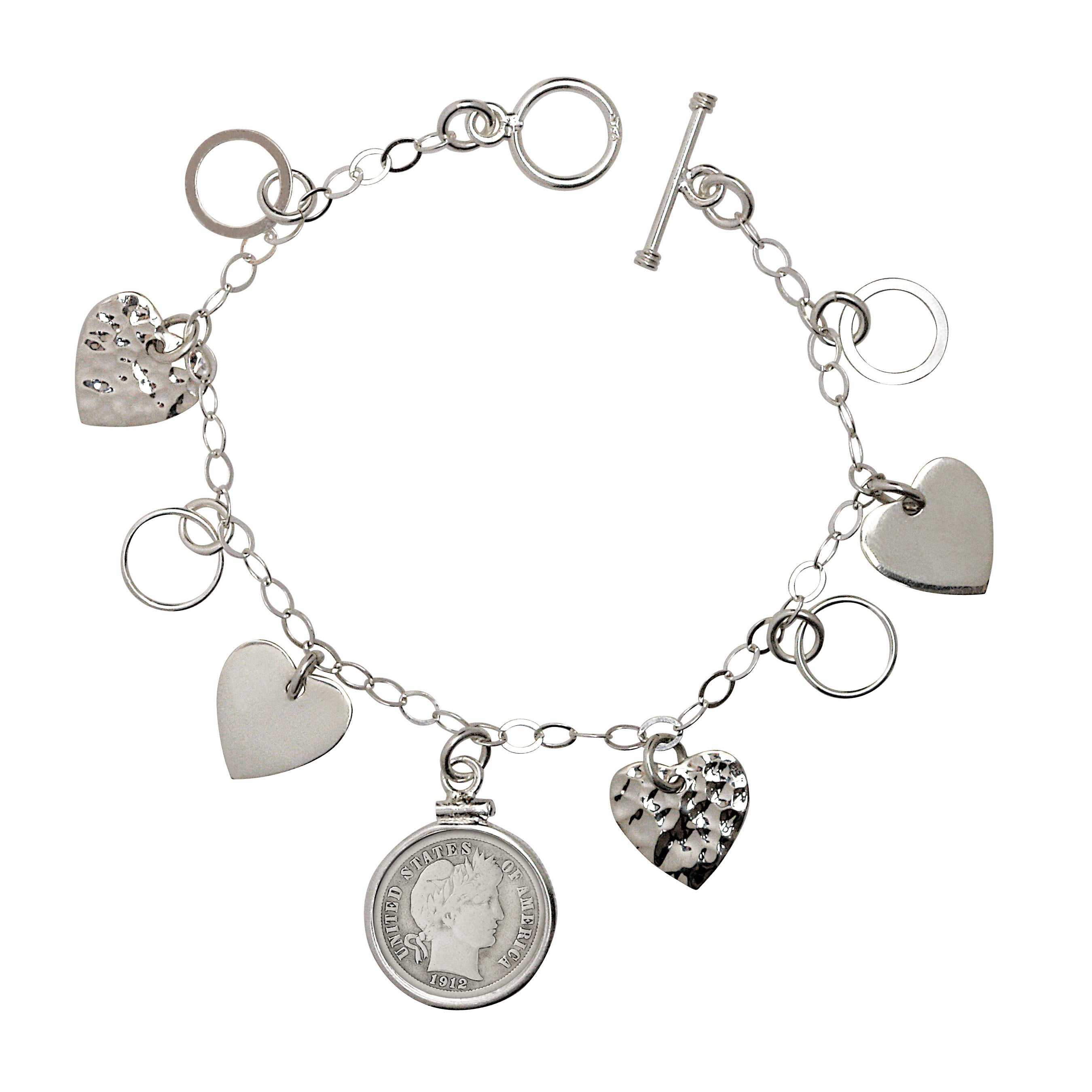 Heart Charm Sterling Silver Coin Bracelet with Silver Barber Dime