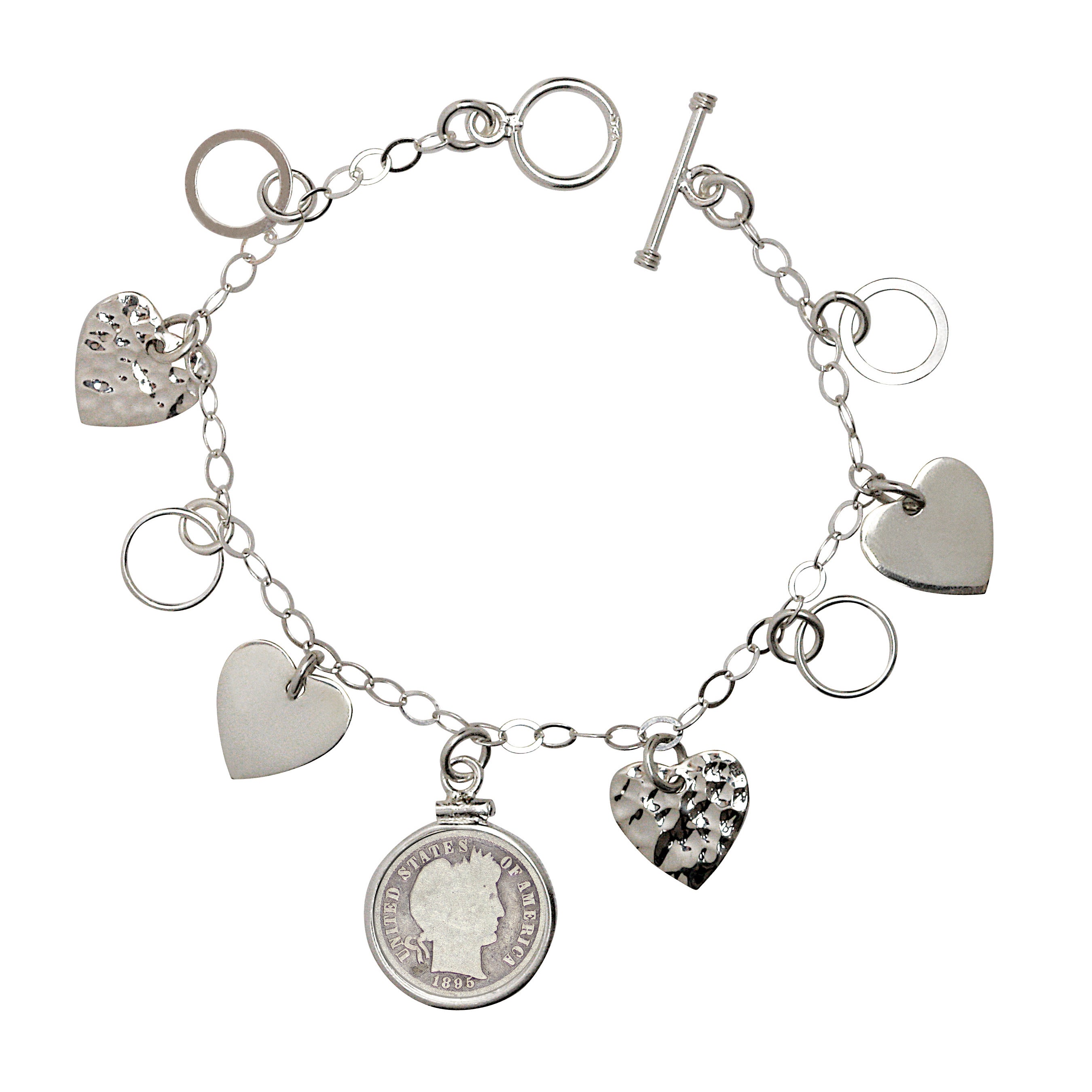 Heart Charm Sterling Silver Coin Bracelet with 1800s Silver Barber Dime