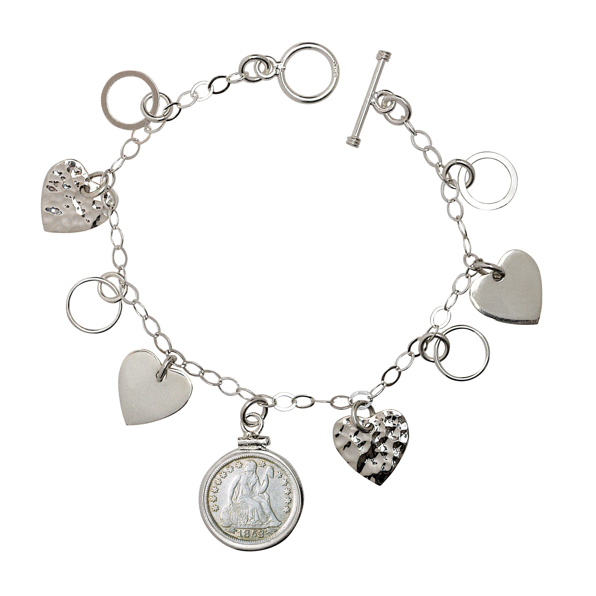 Heart Charm Sterling Silver Coin Bracelet with Silver Seated Liberty Dime