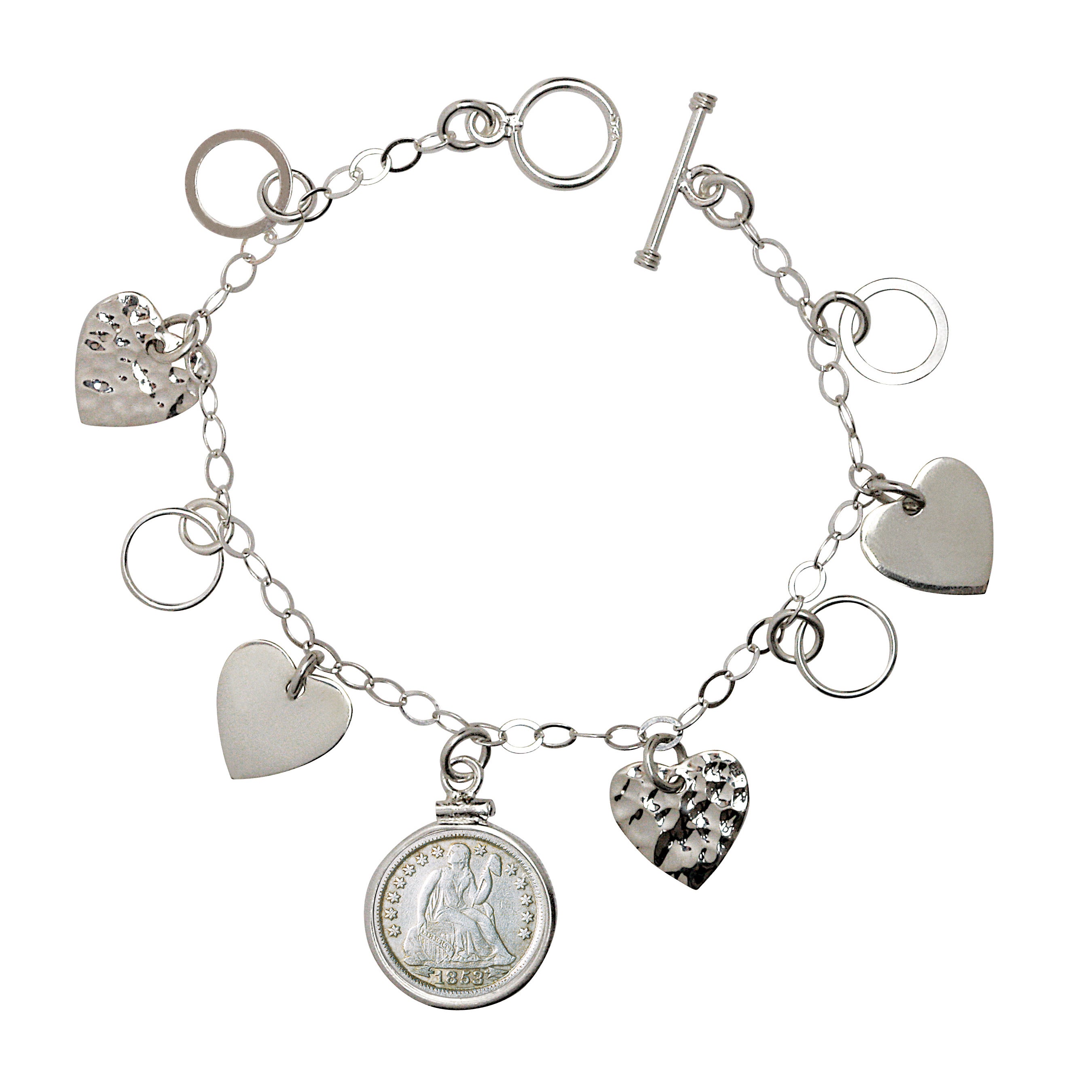 Heart Charm Sterling Silver Coin Bracelet with Silver Seated Liberty Dime