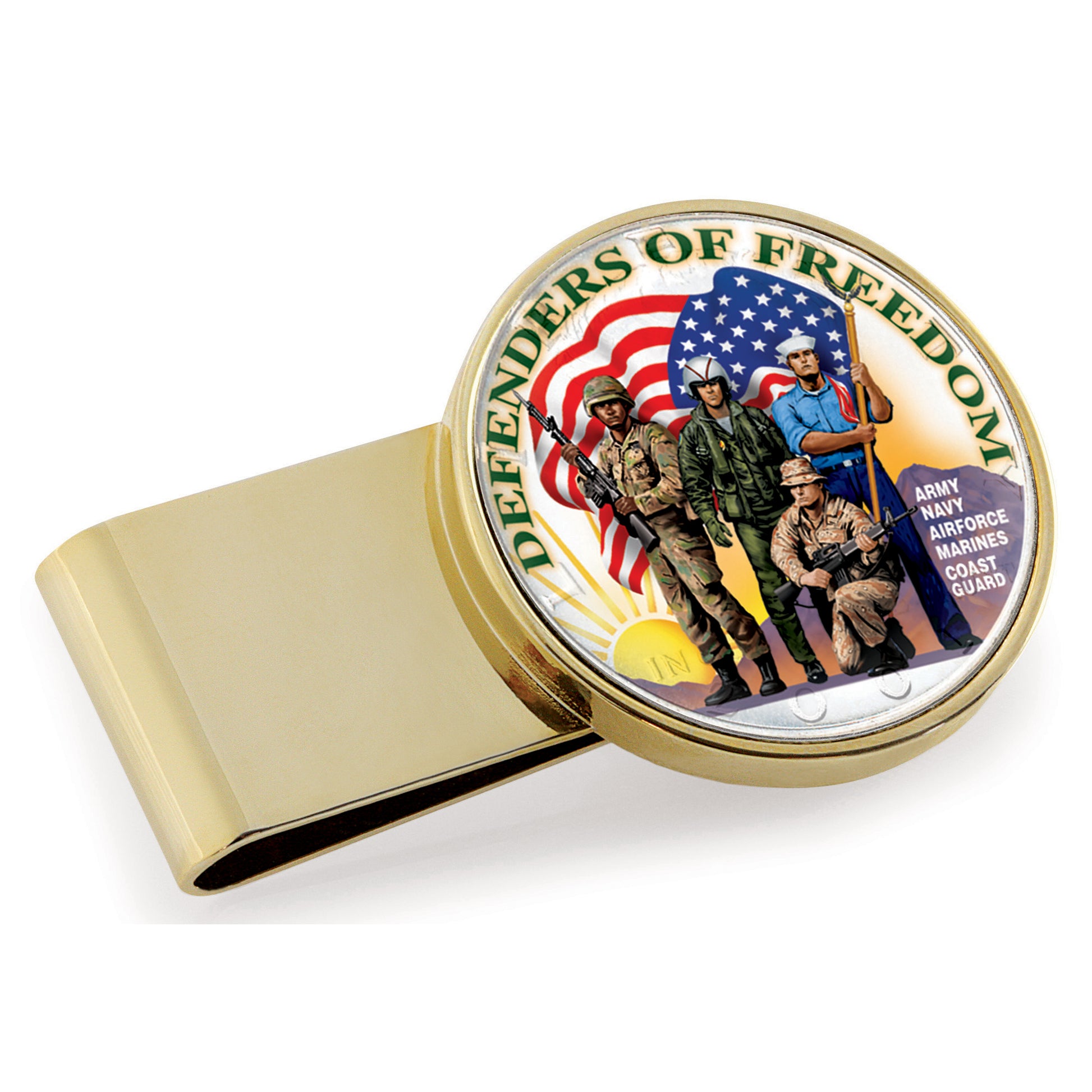 Defenders of Freedom Colorized JFK Half Dollar Stainless Steel Gold Tone Coin Money Clip