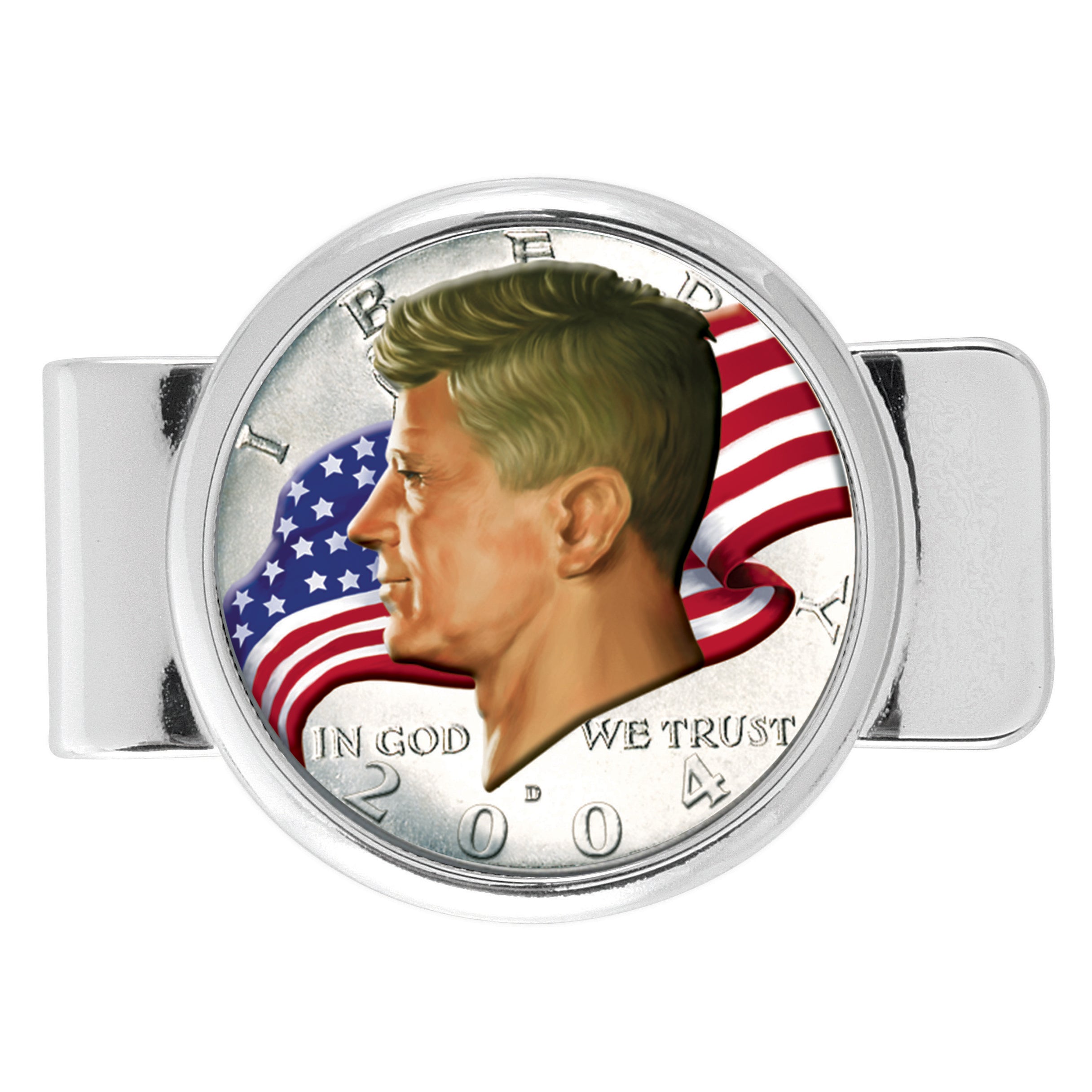 JFK Half Dollar Colorized American Flag Silver Tone Coin Money Clip