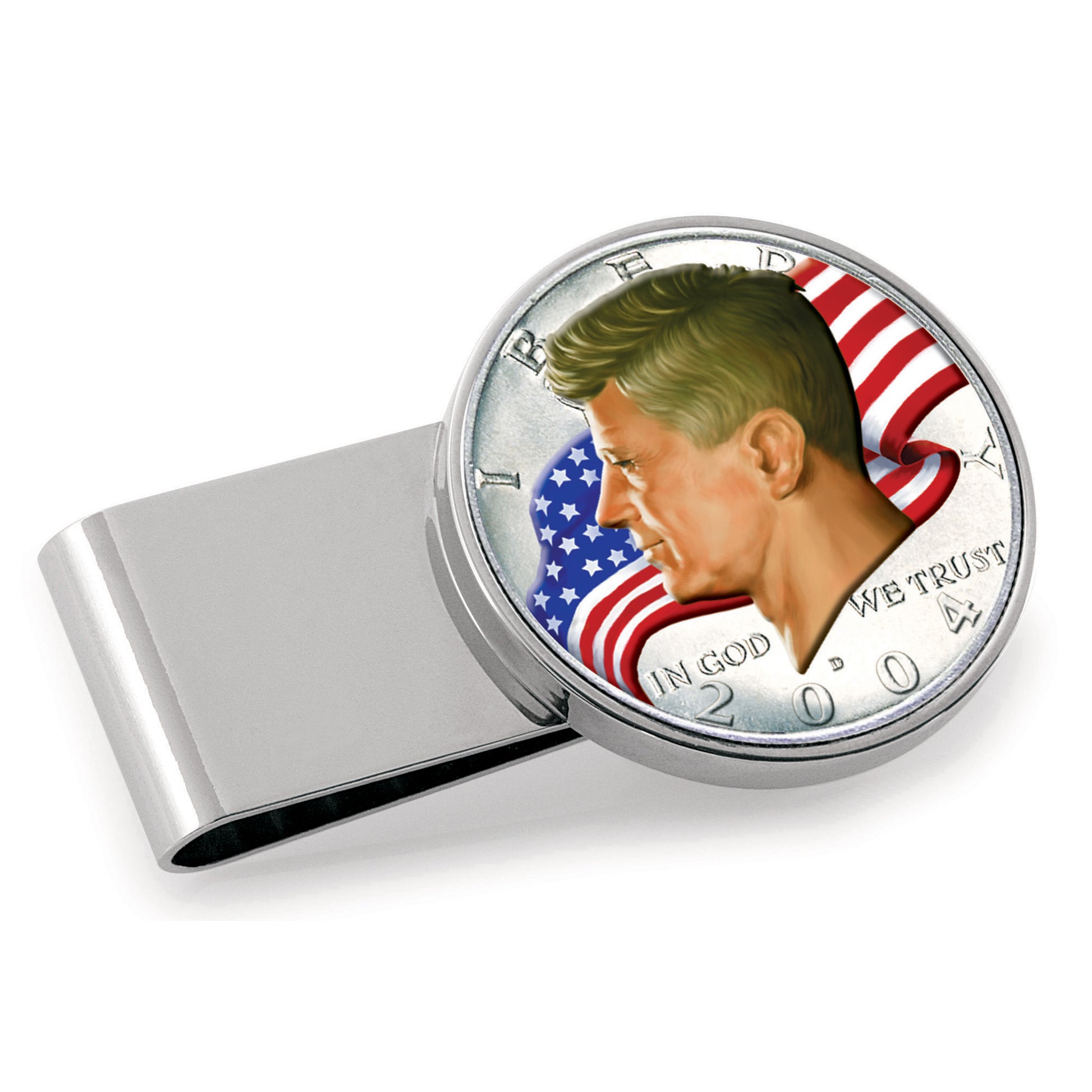 JFK Half Dollar Colorized American Flag Silver Tone Stainless Steel Coin Money Clip