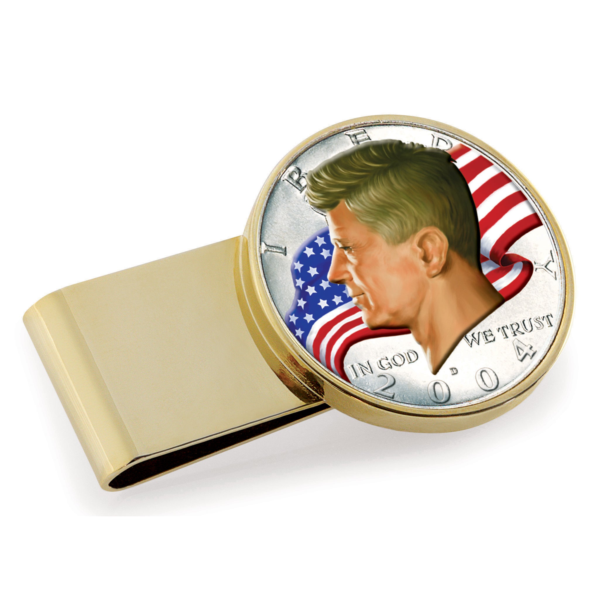 JFK Half Dollar Colorized American Flag Gold Tone Stainless Steel Coin Money Clip