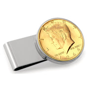 Monogrammed Gold-Layered JFK 1964 First Year of Issue Half Dollar Stainless Steel Silvertone Coin Money Clip