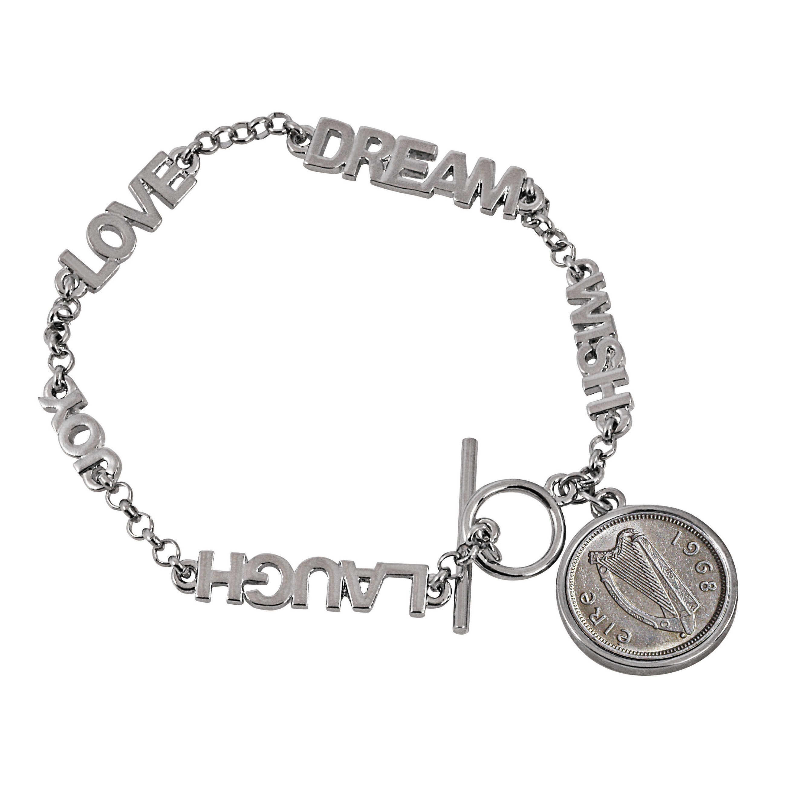 Inspirational Dream Wish Love Laugh Joy Irish Threepence Coin Toggle Coin Bracelet
