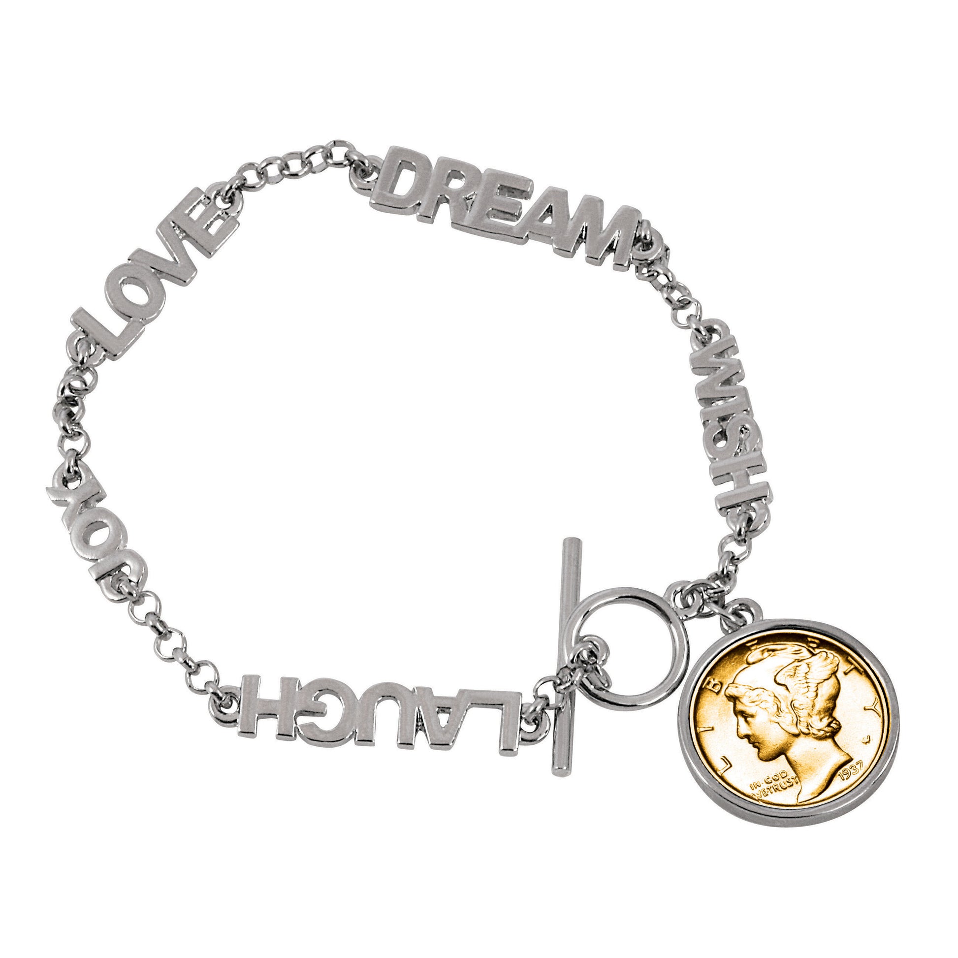 Gold-Layered Silver Mercury Dime Inspirational Dream Wish Love Laugh Joy Coin Bracelet