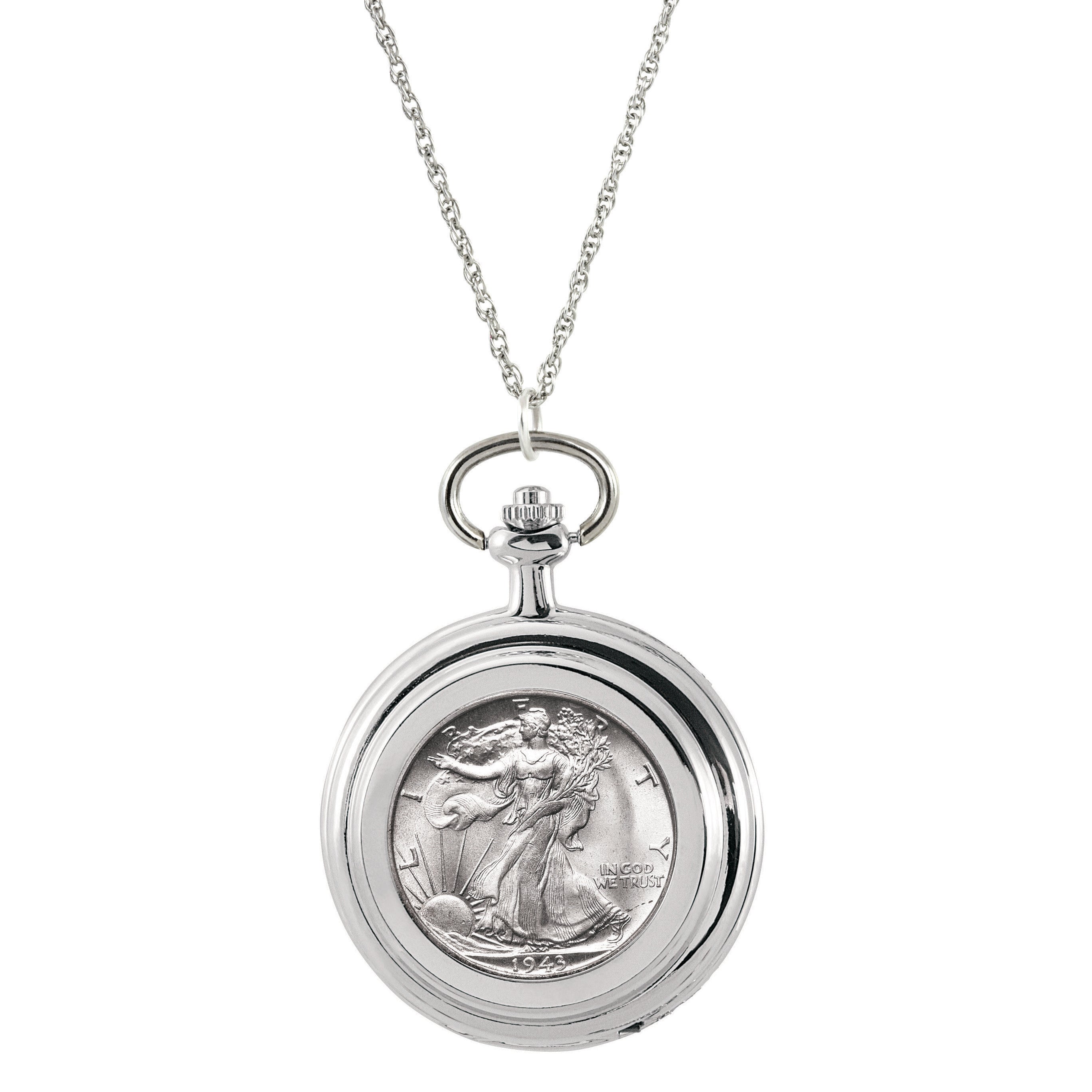 Silver Walking Liberty Half Dollar Coin Pocket Watch Coin Pendant Necklace